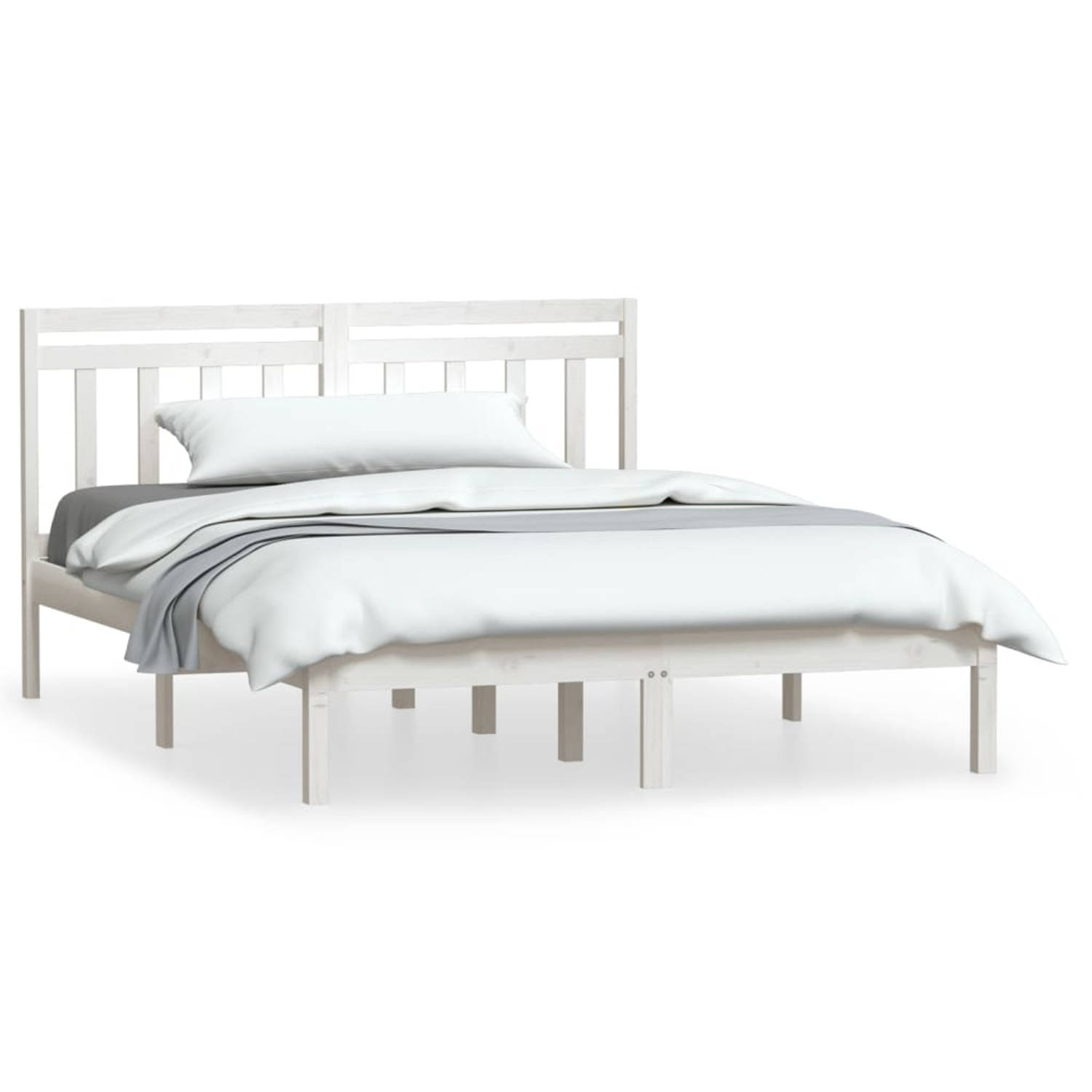 The Living Store Bedframe Wit - Grenenhout - 195.5x146x100 cm - Geschikt voor matrassen van 140x190 cm - Montage vereist - Inclusief 1 x hoofdeind