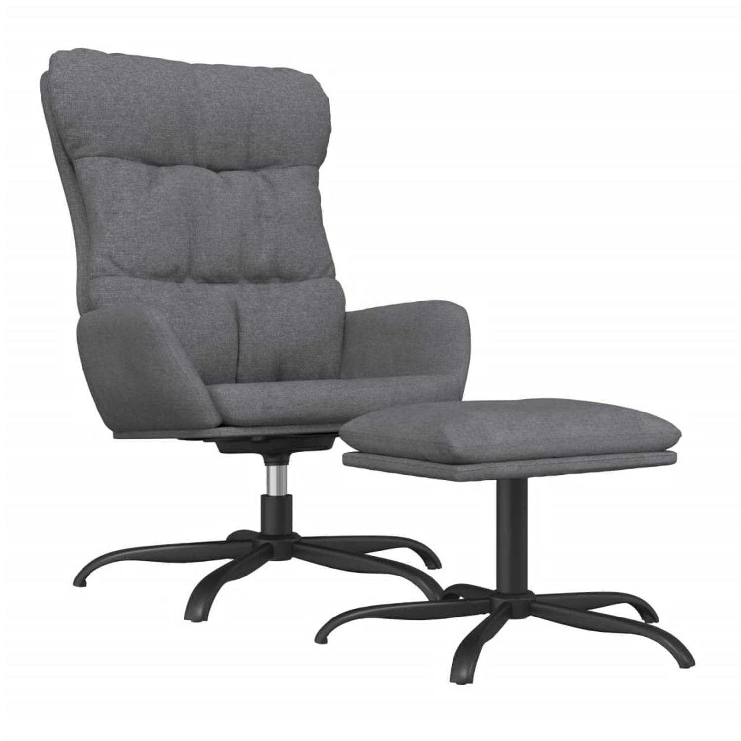 The Living Store Relaxstoel - Met voetenbank - Lichtgrijs - Stof - Metaal en multiplex - 70x77x98 cm - 360 graden draaibaar - 60x60x39 cm kruk