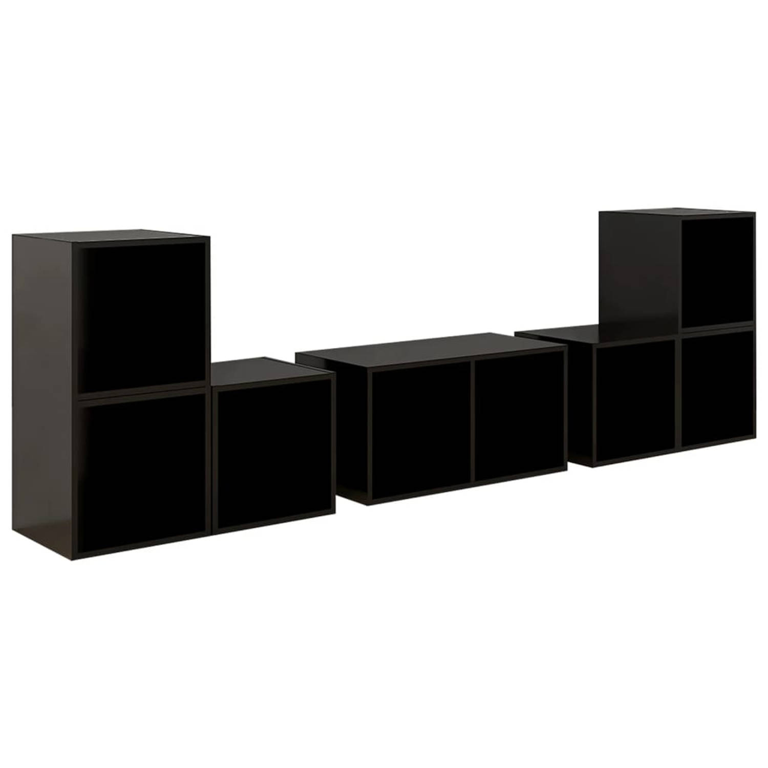 The Living Store TV-meubelset - Klassiek Ontwerp - Hoogglans Zwart - Spaanplaat - 6-delige set - 37 x 35 x 37 cm / 72 x 35 x 36.5 cm - Montage vereist