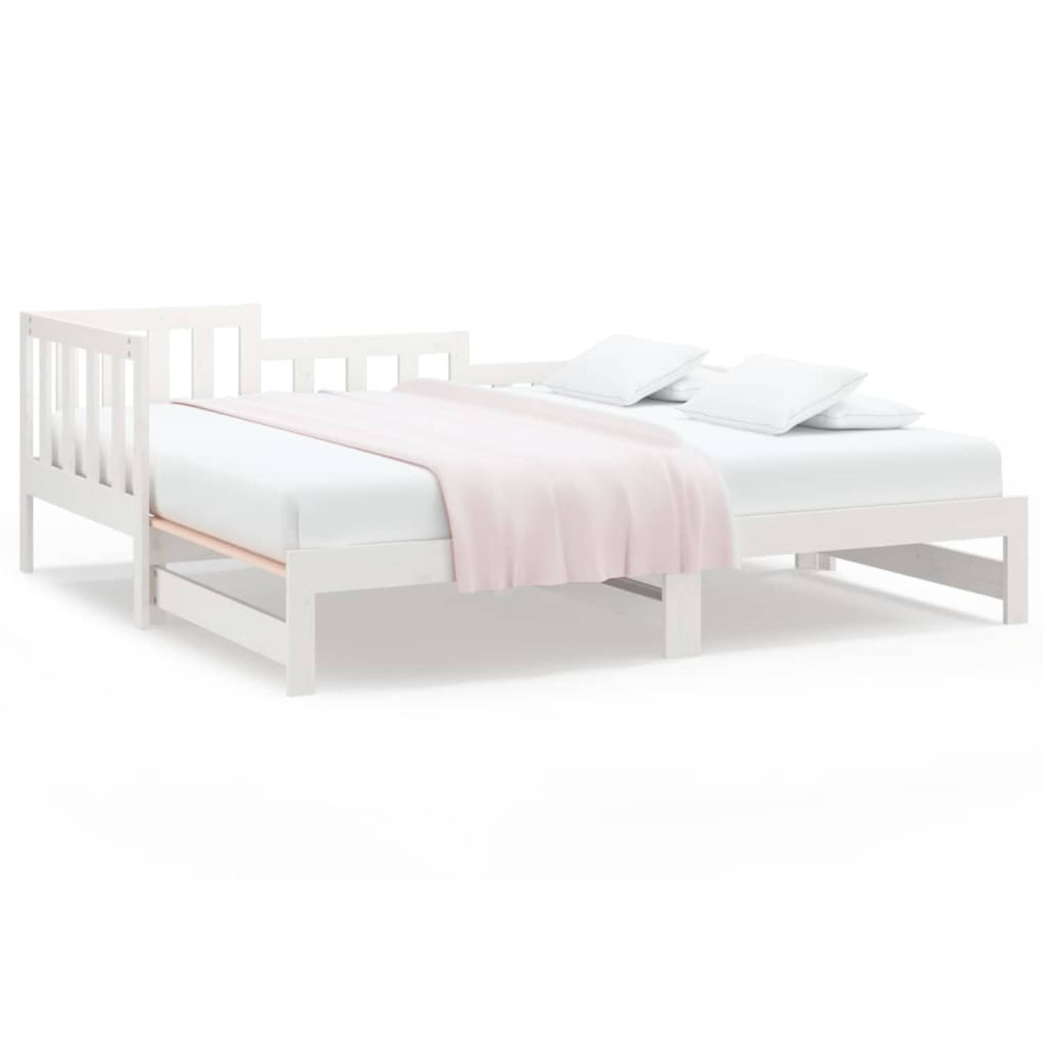 The Living Store Slaapbank uitschuifbaar 2x(80x200) cm massief grenenhout wit - Bed