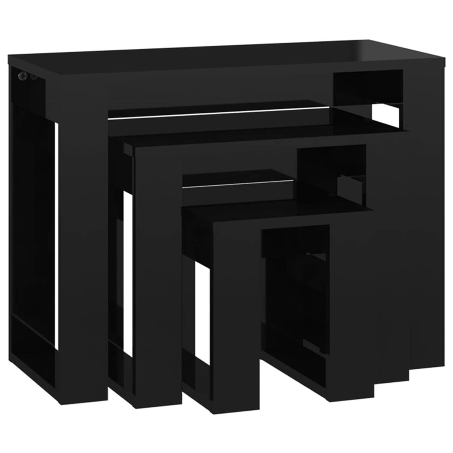 The Living Store Bijzettafelset - hoogglans zwart - bewerkt hout - 61 x 28 x 47 cm - multifunctioneel