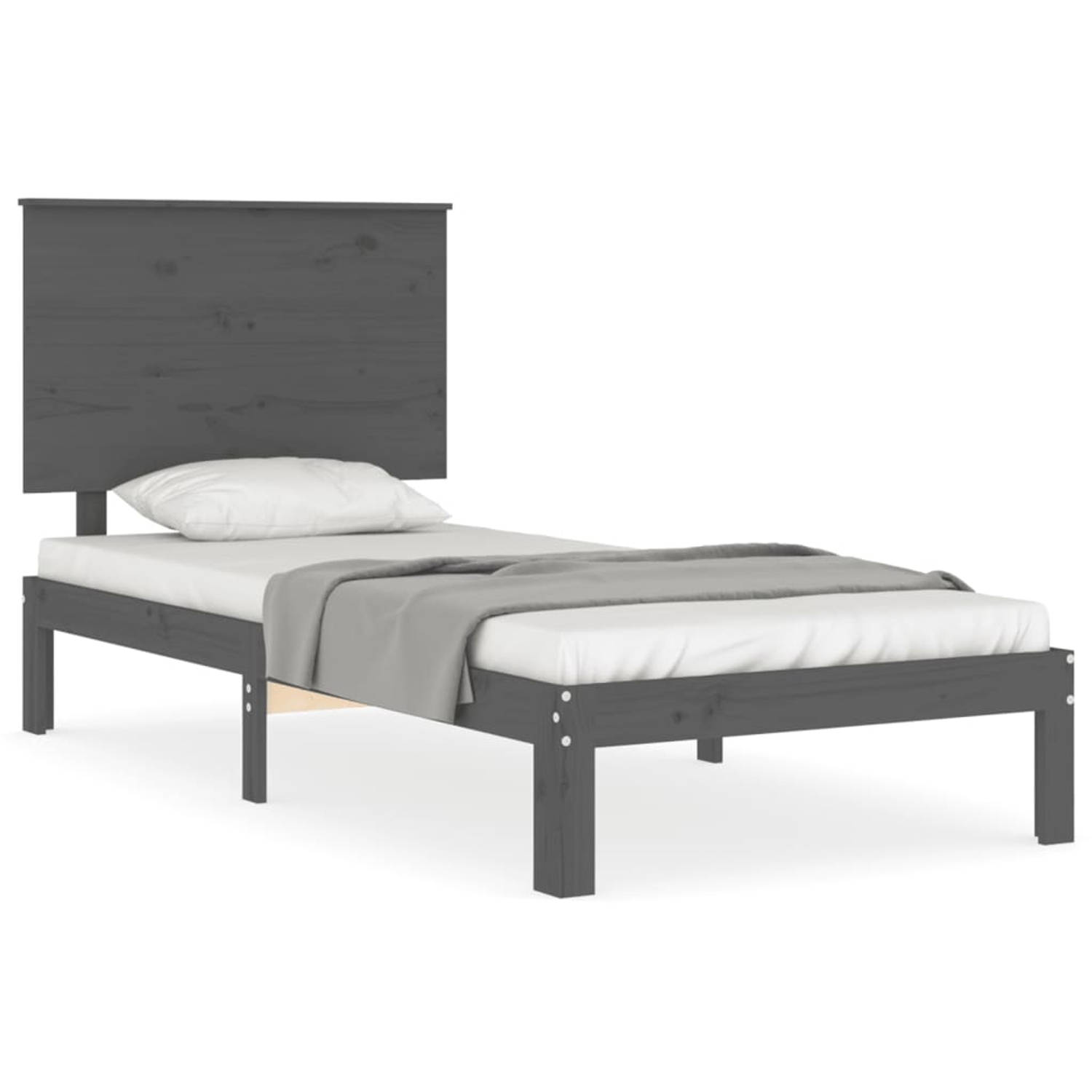 The Living Store Bedframe met hoofdbord massief hout grijs 100x200 cm - Bedframe - Bedframes - Bed - Eenpersoonsbed - Slaapkamermeubel - Houten Bedframe - Houten Bed - Bedbodem - M