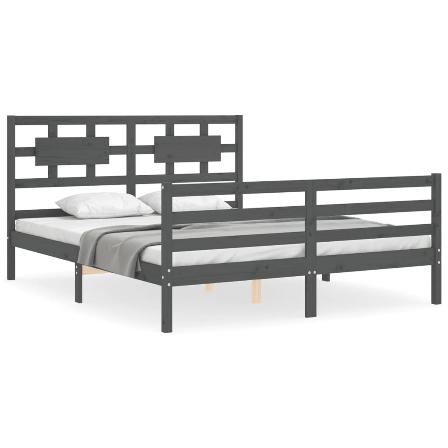 The Living Store Bedframe met hoofdbord massief hout grijs 5 FT King Size - Bedframe - Bedframes - Bed - Tweepersoonsbed - Slaapkamermeubel - Houten Bedframe - Houten Bed - Bedbode