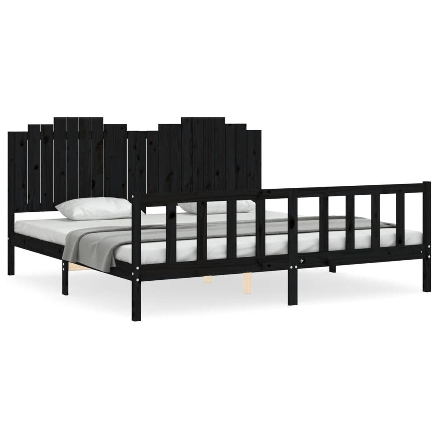 The Living Store Bedframe met hoofdbord massief hout zwart 200x200 cm - Bedframe - Bedframes - Bed - Tweepersoonsbed - Slaapkamermeubel - Houten Bedframe - Houten Bed - Bedbodem -