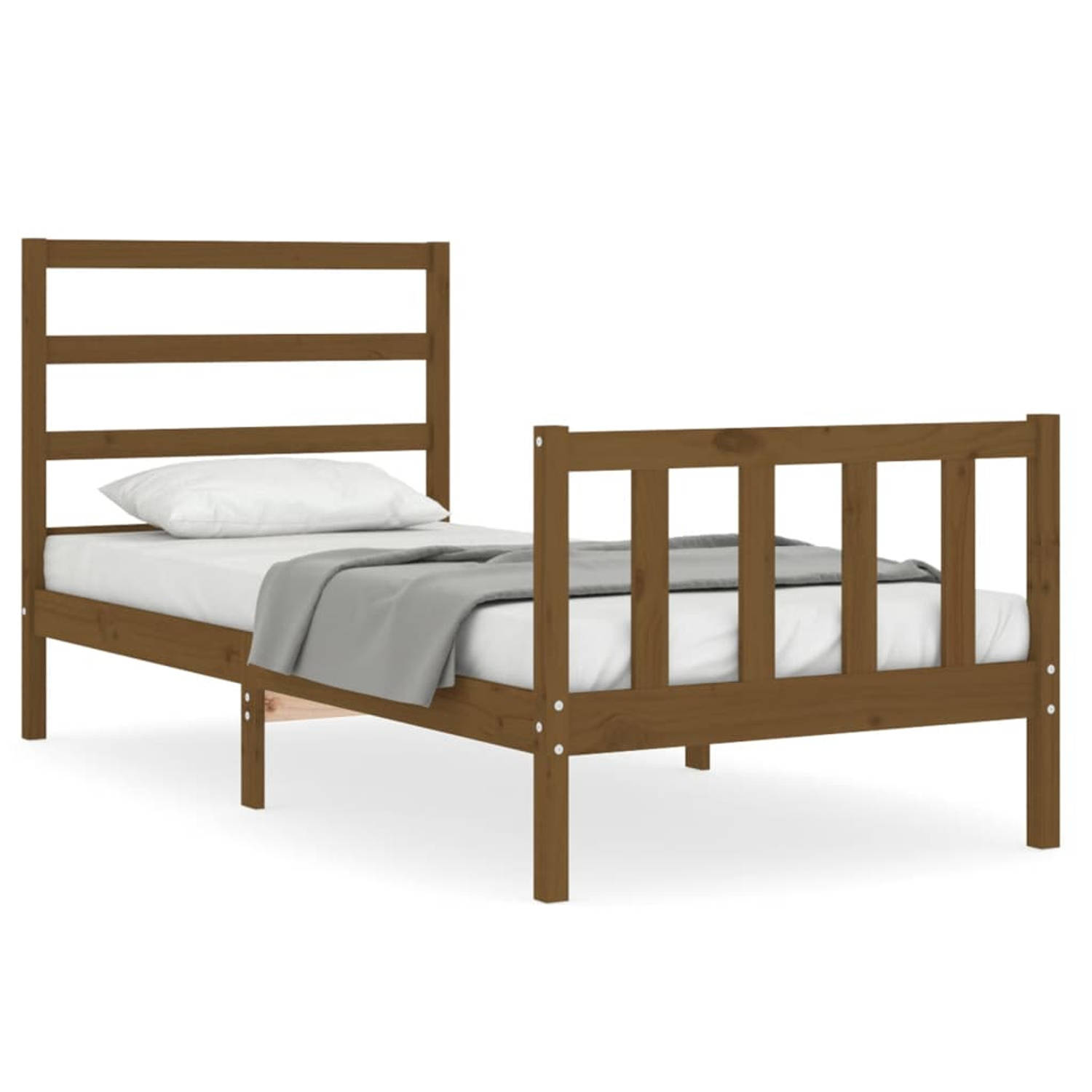 The Living Store Bedframe met hoofdbord massief hout honingbruin 90x190 cm - Bedframe - Bedframes - Bed - Eenpersoonsbed - Slaapkamermeubel - Houten Bedframe - Houten Bed - Bedbode