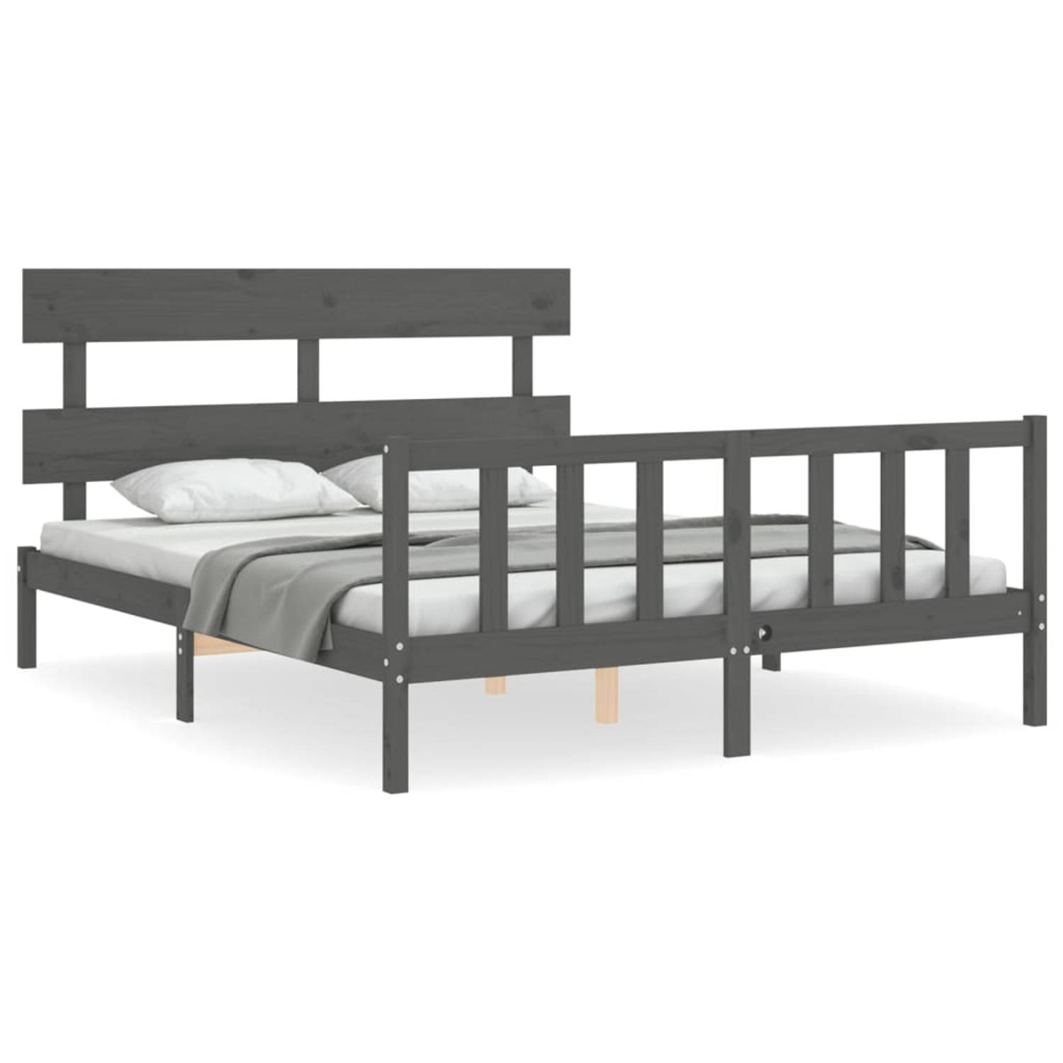 The Living Store Bedframe met hoofdbord massief hout grijs 160x200 cm - Bedframe - Bedframes - Bed - Tweepersoonsbed - Slaapkamermeubel - Houten Bedframe - Houten Bed - Bedbodem -