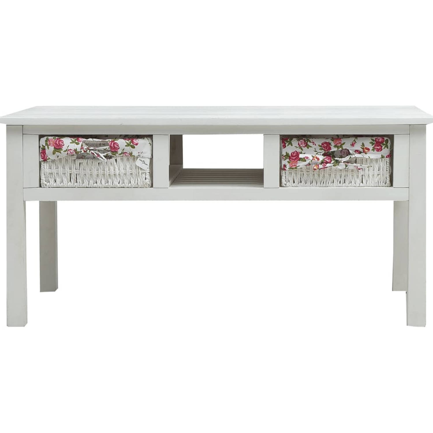 The Living Store Salontafel - massief paulowniahout - wit - 99.5 x 60 x 48 cm - opvouwbare manden - bloemenpatroon