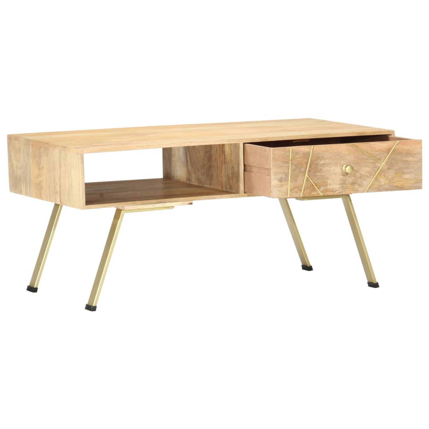 The Living Store Retro Salontafel Massief Mangohout-Staal 95 x 50 x 42 cm Lichthout-Messing