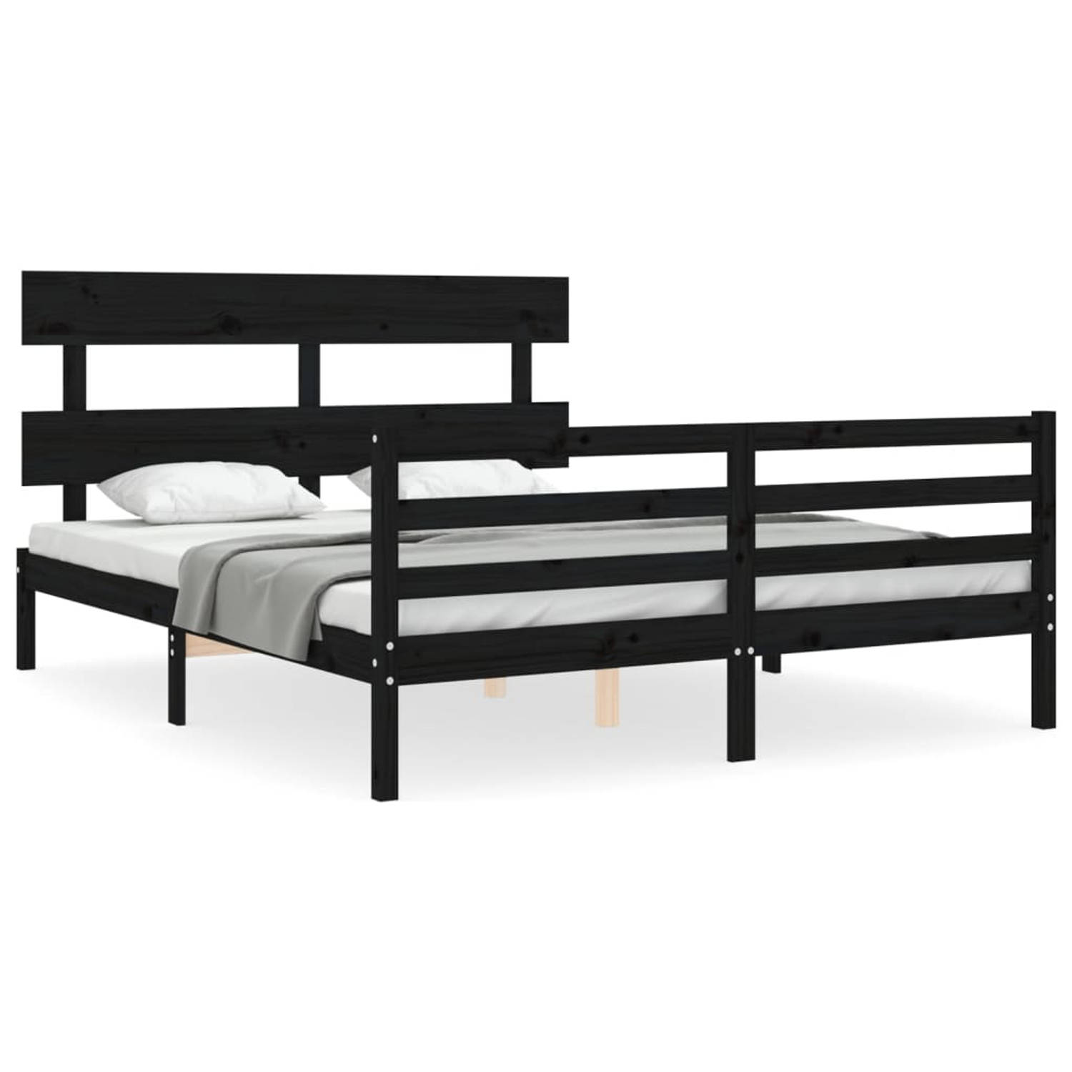 The Living Store Bedframe met hoofdbord massief hout zwart 5FT King Size - Bedframe - Bedframes - Bed - Tweepersoonsbed - Slaapkamermeubel - Houten Bedframe - Houten Bed - Bedbodem