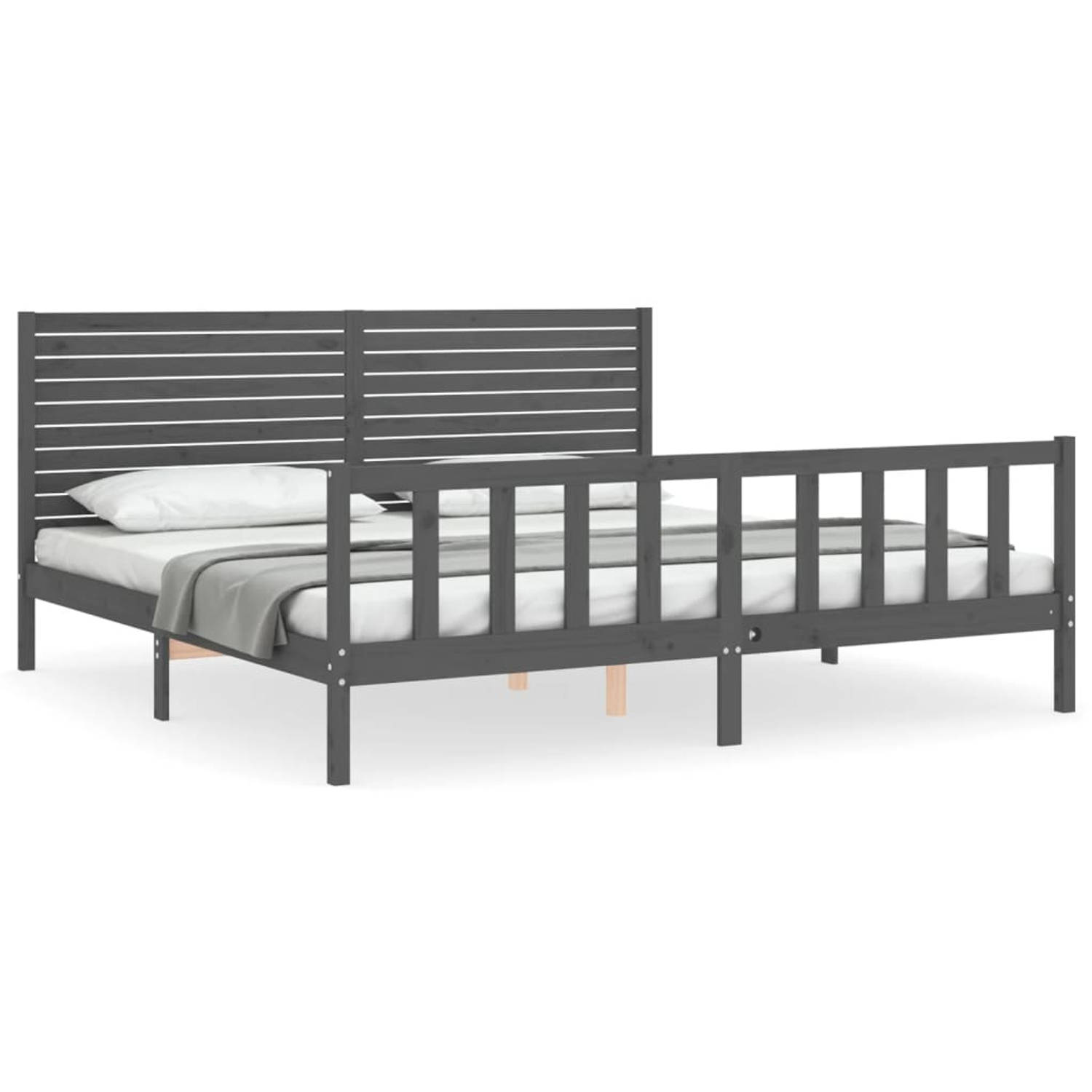 The Living Store Bedframe met hoofdbord massief hout grijs 200x200 cm - Bedframe - Bedframes - Bed - Tweepersoonsbed - Slaapkamermeubel - Houten Bedframe - Houten Bed - Bedbodem -