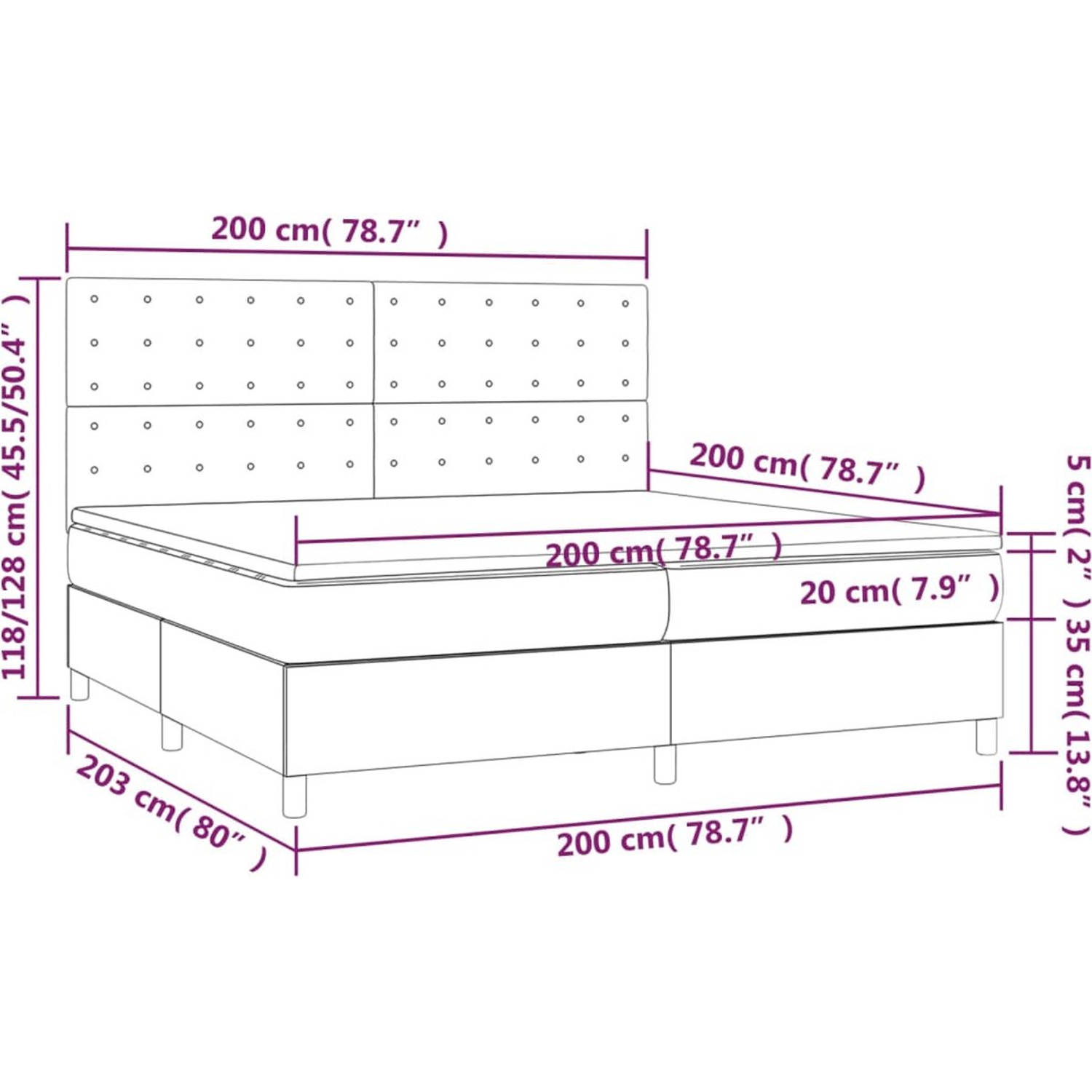 The Living Store Boxspringbed Donkerbruin - 203 x 200 x 118/128 cm - Pocketvering Matras - Middelharde Ondersteuning -