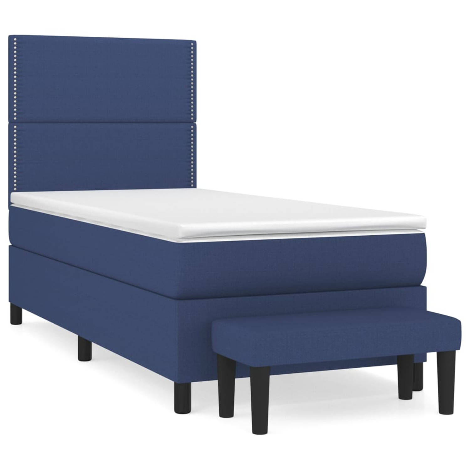 The Living Store Boxspringbed - Comfort - Bed - 203 x 83 x 118/128 cm - Blauw - Stof - Pocketvering matras - 80 x 200 x 20 cm - Blauw en wit - Bedtopmatras - 80 x 200 x 5 cm - Wit