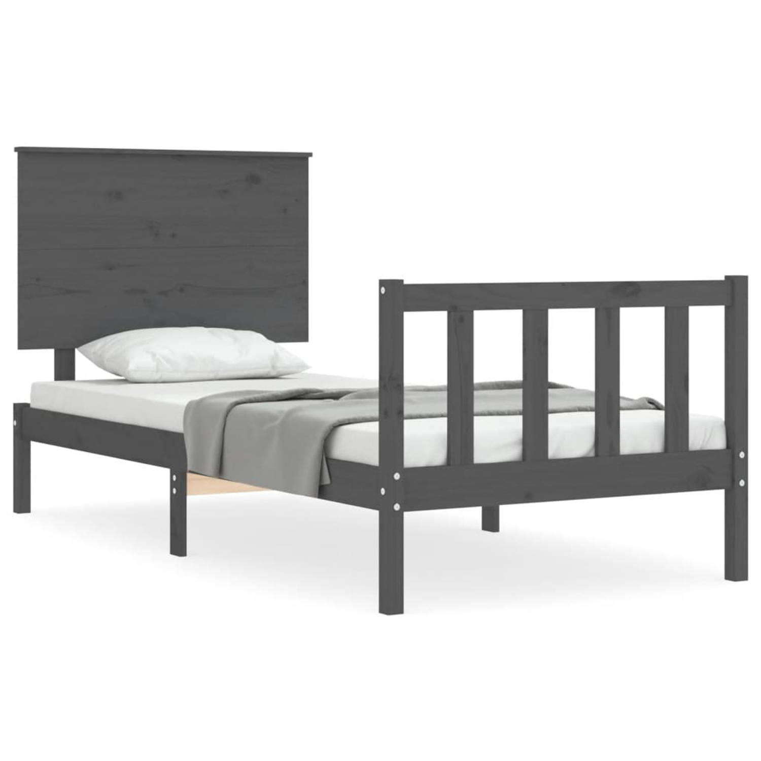 The Living Store Bedframe met hoofdbord massief hout grijs 3FT Single - Bedframe - Bedframes - Bed - Eenpersoonsbed - Slaapkamermeubel - Houten Bedframe - Houten Bed - Bedbodem - M