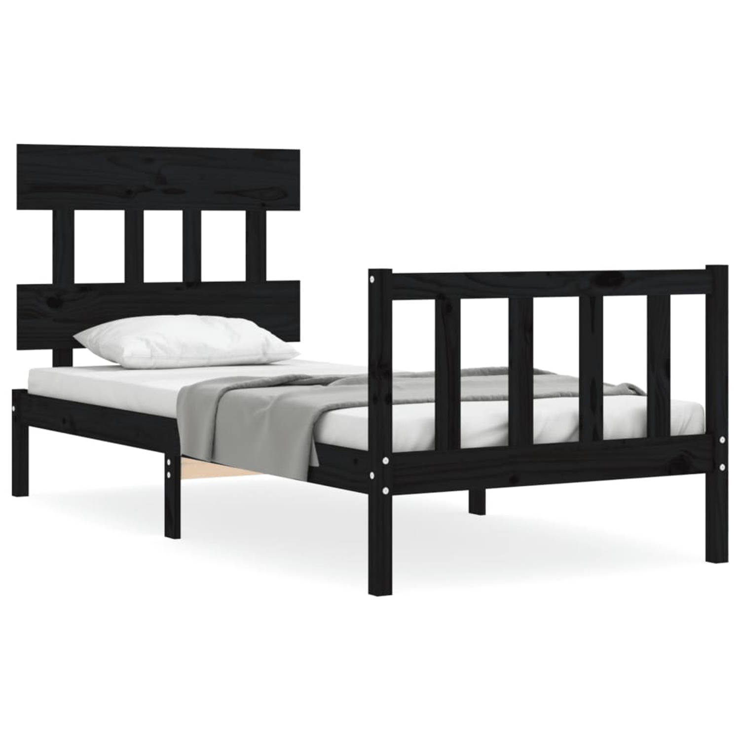 The Living Store Bedframe met hoofdbord massief hout zwart 90x200 cm - Bedframe - Bedframes - Bed - Eenpersoonsbed - Slaapkamermeubel - Houten Bedframe - Houten Bed - Bedbodem - Ma