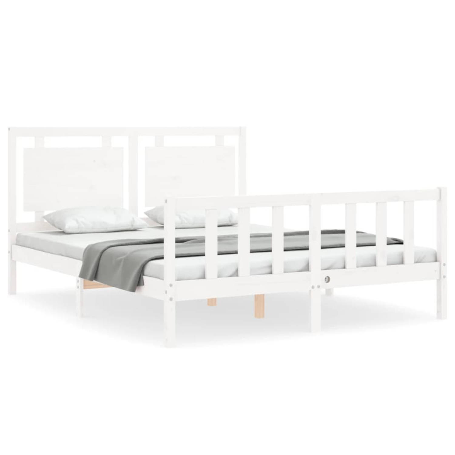 The Living Store Bedframe met hoofdbord massief hout wit 160x200 cm - Bedframe - Bedframes - Bed - Tweepersoonsbed - Slaapkamermeubel - Houten Bedframe - Houten Bed - Bedbodem - Ma