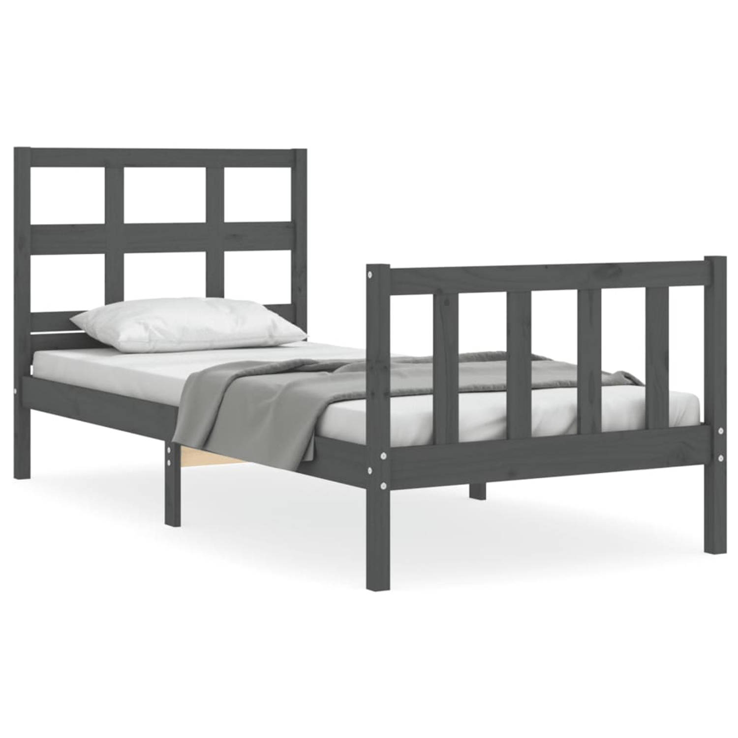 The Living Store Bedframe met hoofdbord massief hout grijs 100x200 cm - Bedframe - Bedframes - Bed - Eenpersoonsbed - Slaapkamermeubel - Houten Bedframe - Houten Bed - Bedbodem - M