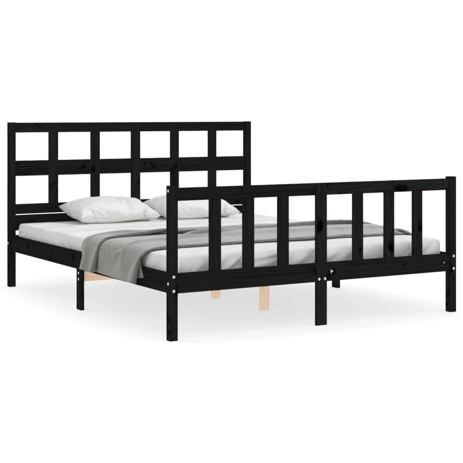 The Living Store Bedframe met hoofdbord massief hout zwart 5FT King Size - Bedframe - Bedframes - Bed - Tweepersoonsbed - Slaapkamermeubel - Houten Bedframe - Houten Bed - Bedbodem