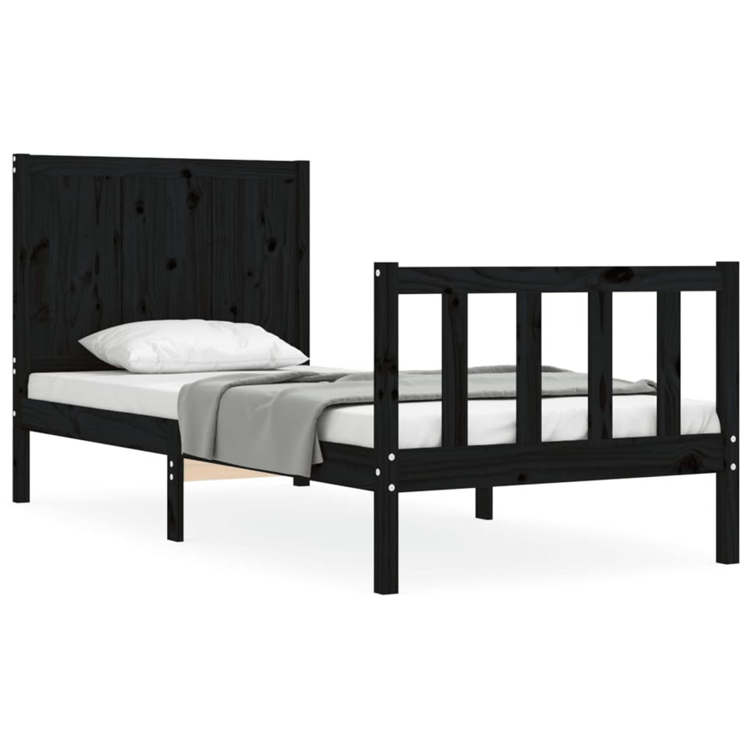 The Living Store Bedframe met hoofdbord massief hout zwart 3FT Single - Bedframe - Bedframes - Bed - Eenpersoonsbed - Slaapkamermeubel - Houten Bedframe - Houten Bed - Bedbodem - M