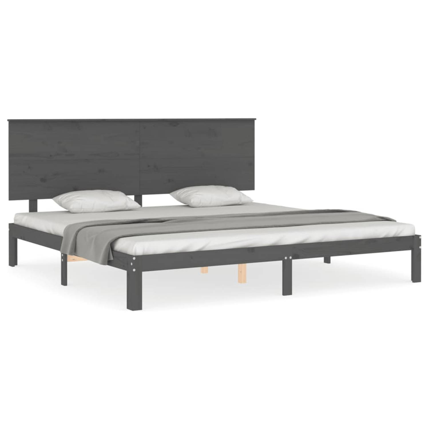 The Living Store Bedframe met hoofdbord massief hout grijs 200x200 cm - Bed