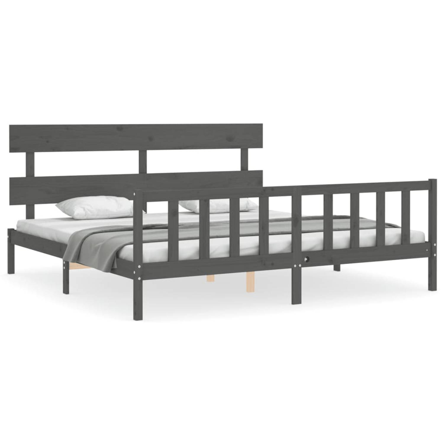 The Living Store Bedframe met hoofdbord massief hout grijs 200x200 cm - Bedframe - Bedframes - Bed - Tweepersoonsbed - Slaapkamermeubel - Houten Bedframe - Houten Bed - Bedbodem -