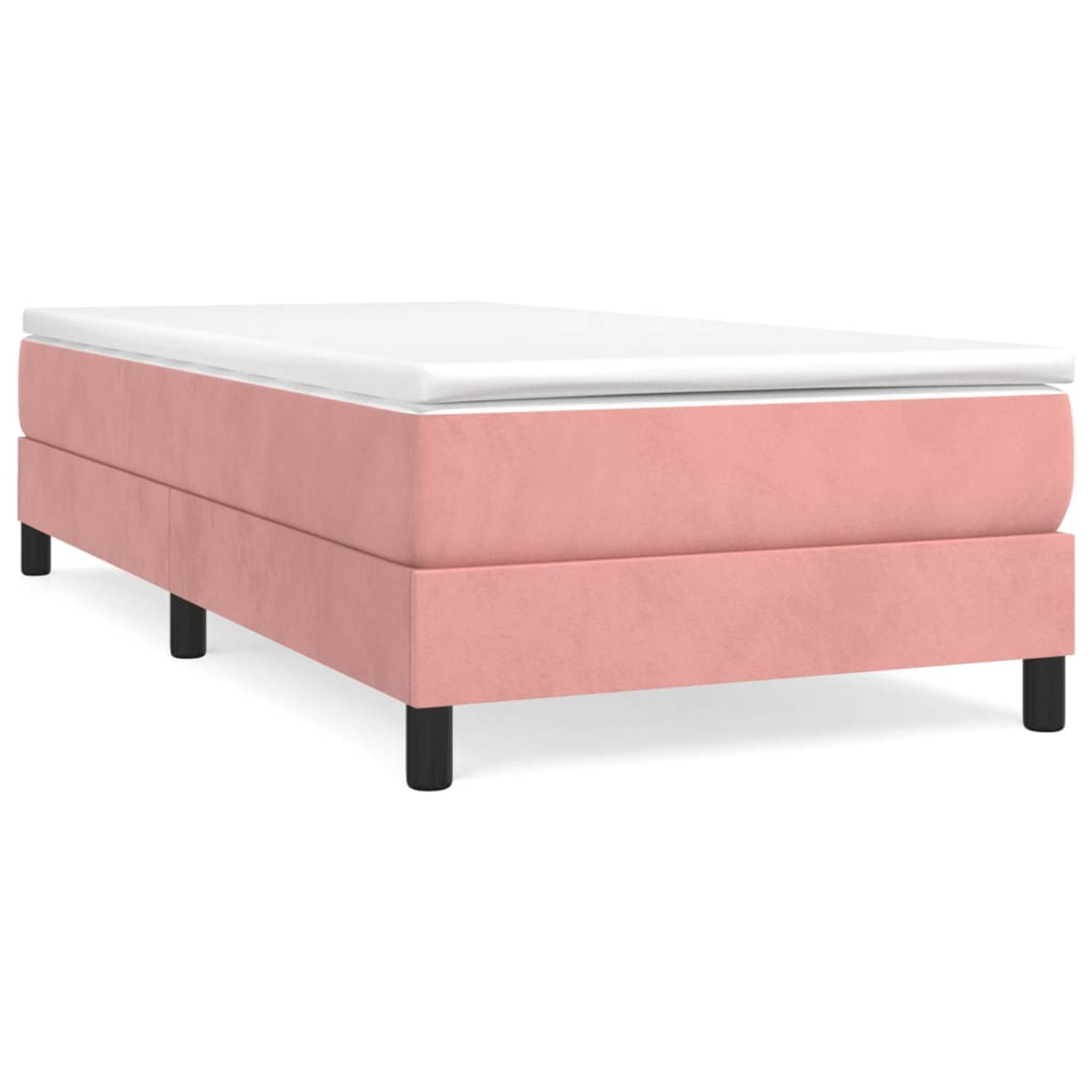 The Living Store Boxspringbed - fluweel - pocketvering - middelharde ondersteuning - huidvriendelijk - multiplex lattenbodem - roze - 193x90x25cm - wit en roze matras - wit topmatr