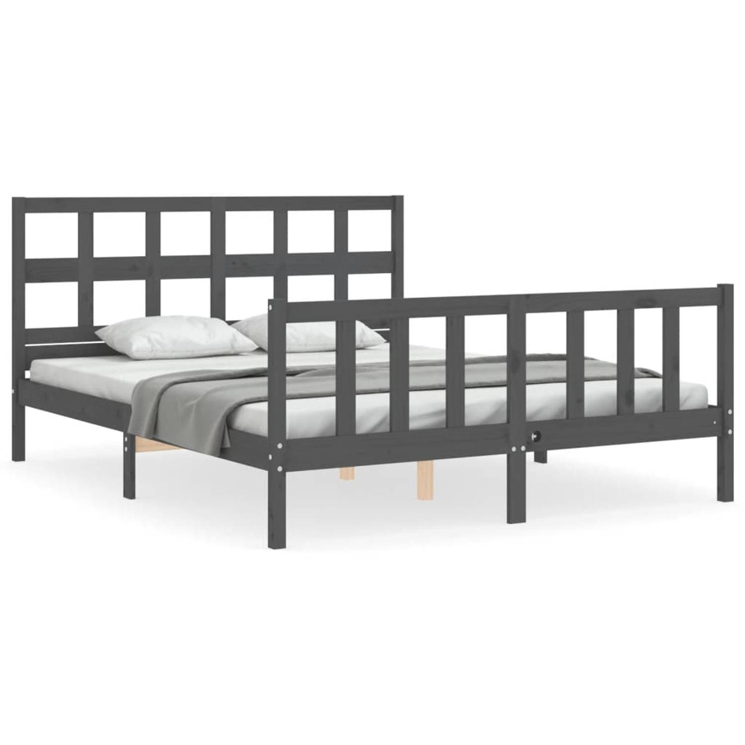 The Living Store Bedframe met hoofdbord massief hout grijs 5 FT King Size - Bedframe - Bedframes - Bed - Tweepersoonsbed - Slaapkamermeubel - Houten Bedframe - Houten Bed - Bedbode