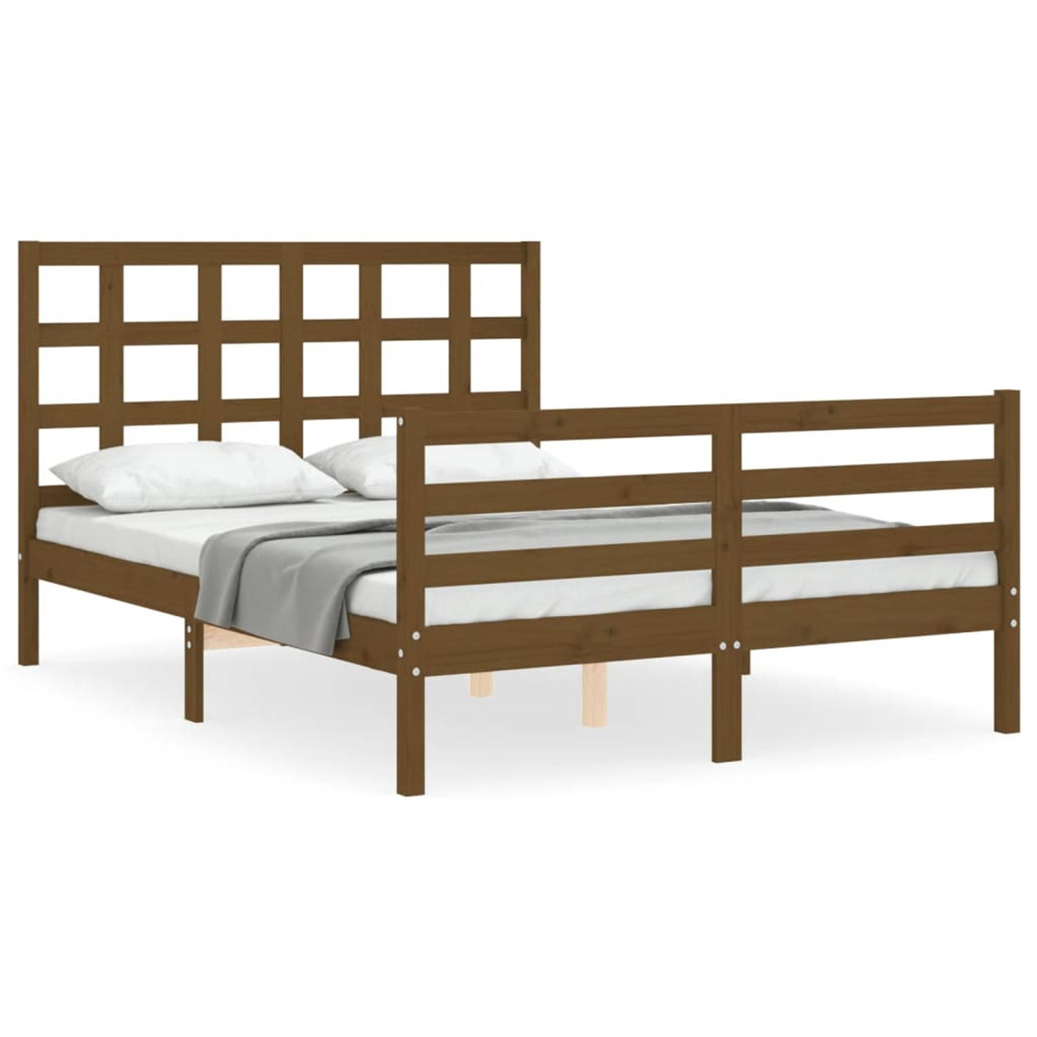 The Living Store Bedframe met hoofdbord massief hout honingbruin 140x200 cm - Bedframe - Bedframes - Bed - Tweepersoonsbed - Slaapkamermeubel - Houten Bedframe - Houten Bed - Bedbo