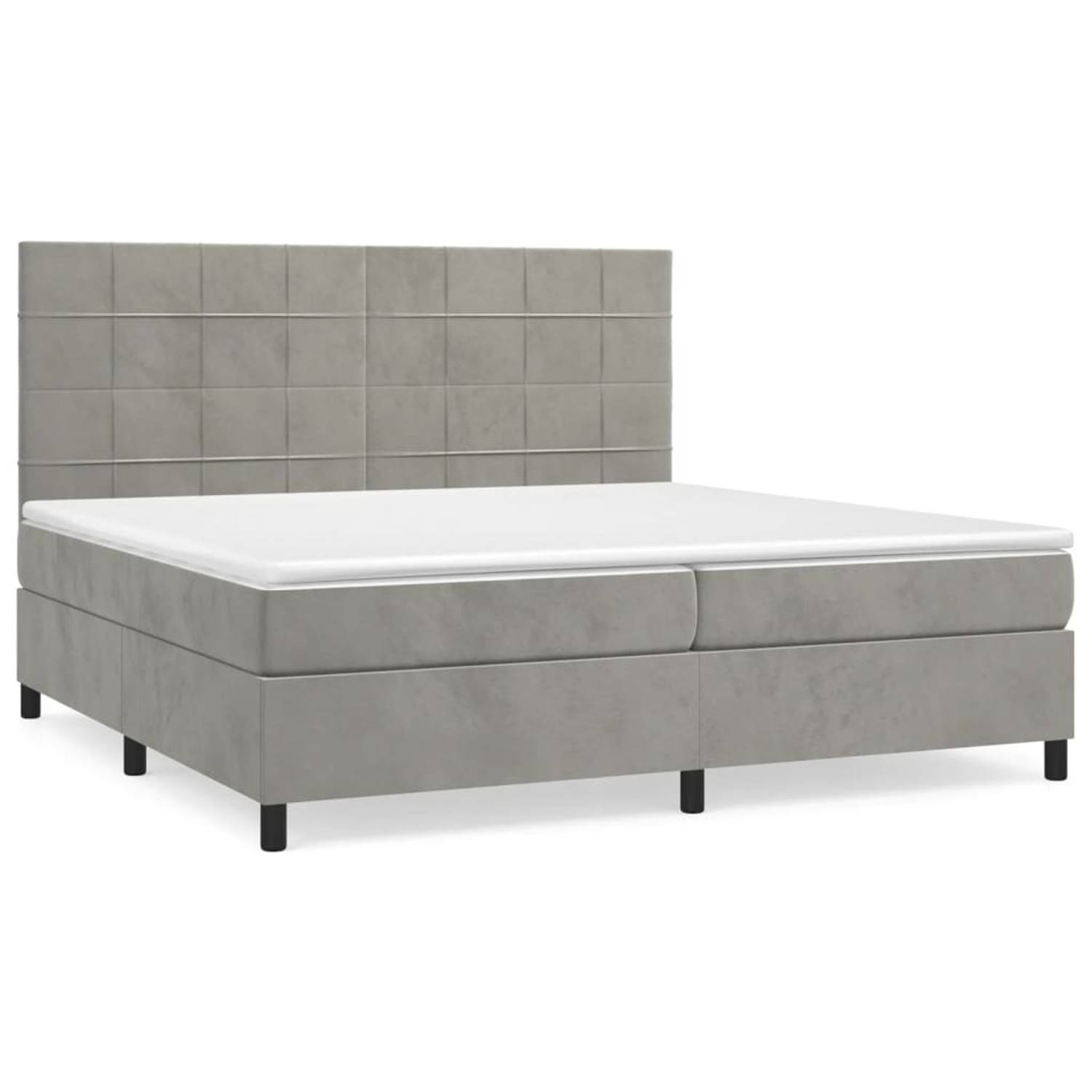 The Living Store Boxspring Bed - Middelharde ondersteuning - Fluweel - Pocketvering matras - Huidvriendelijk topmatras - Lichtgrijs - 203 x 200 x 118/128 cm - The Living Store