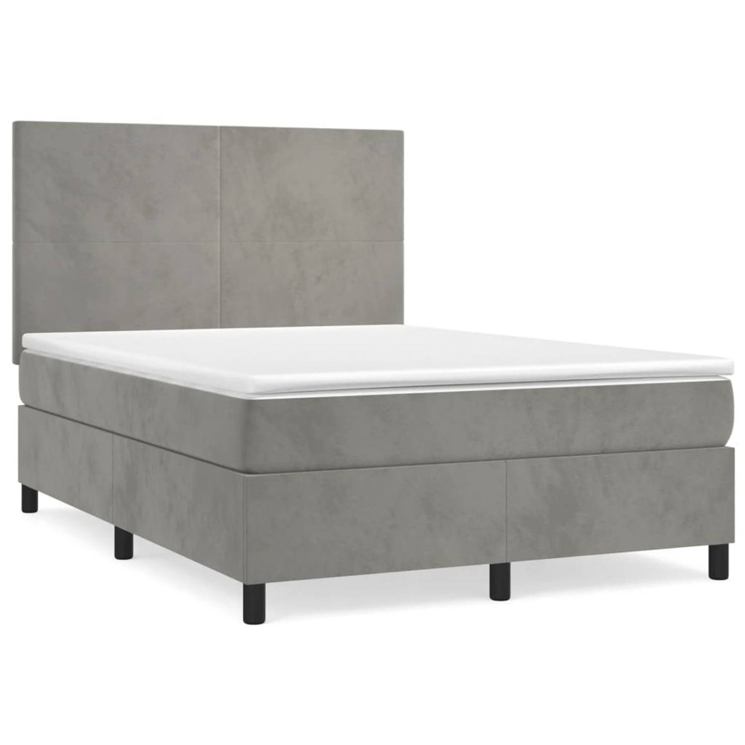 The Living Store Boxspringbed - Zacht fluweel - Praktisch hoofdbord - Pocketvering matras - Middelharde ondersteuning - Huidvriendelijk topmatras - Lichtgrijs 203x144x118/128cm