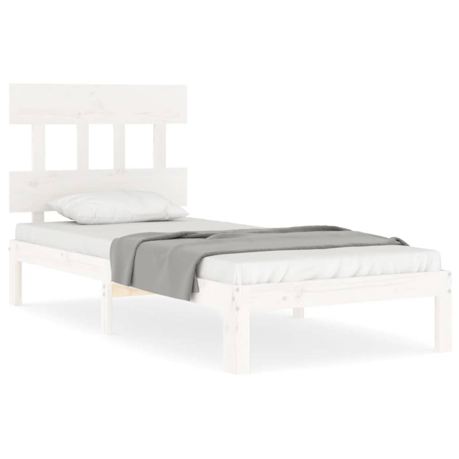 The Living Store Bedframe met hoofdbord massief hout wit 100x200 cm - Bedframe - Bedframes - Bed - Eenpersoonsbed - Slaapkamermeubel - Houten Bedframe - Houten Bed - Bedbodem - Mas