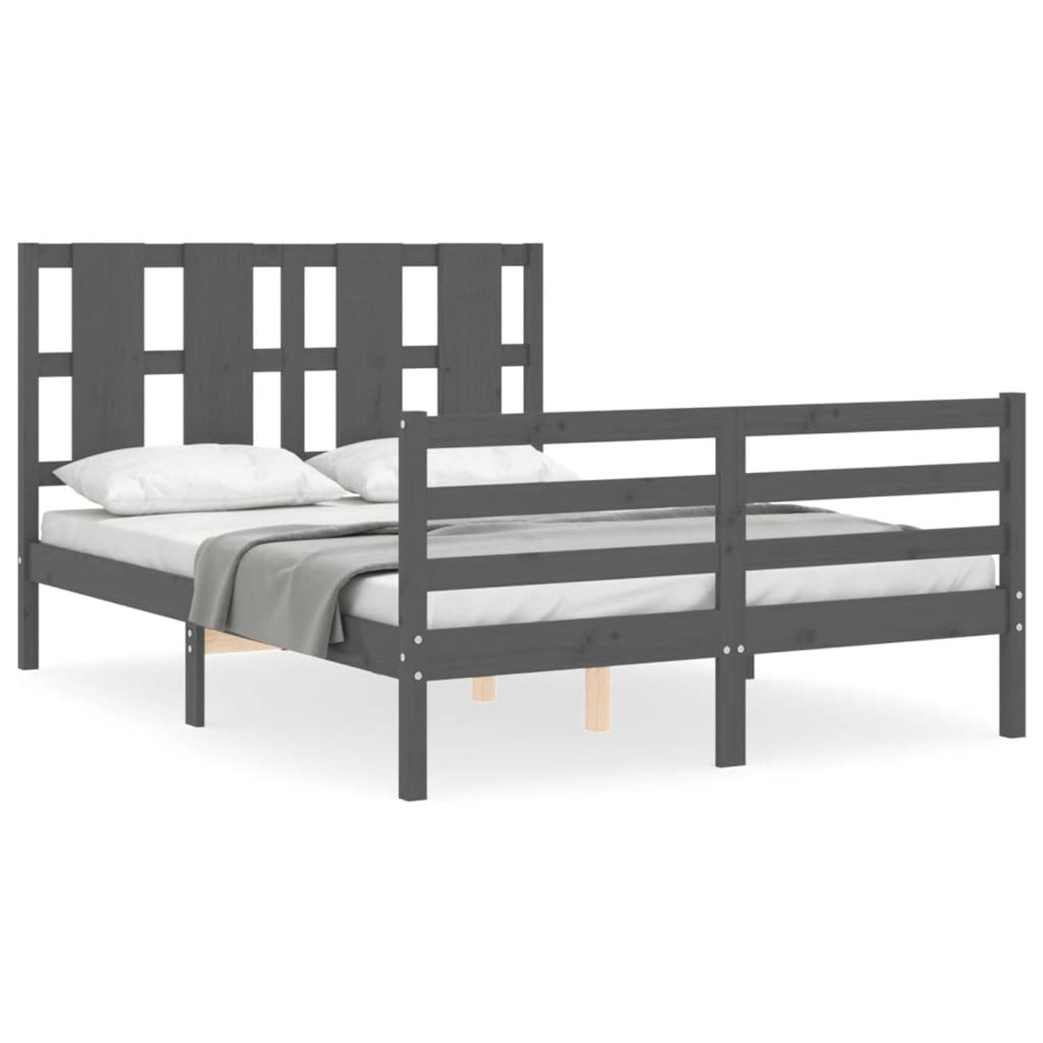 The Living Store Bedframe met hoofdbord massief hout grijs 4FT Small Double - Bedframe - Bedframes - Bed - Tweepersoonsbed - Slaapkamermeubel - Houten Bedframe - Houten Bed - Bedbo