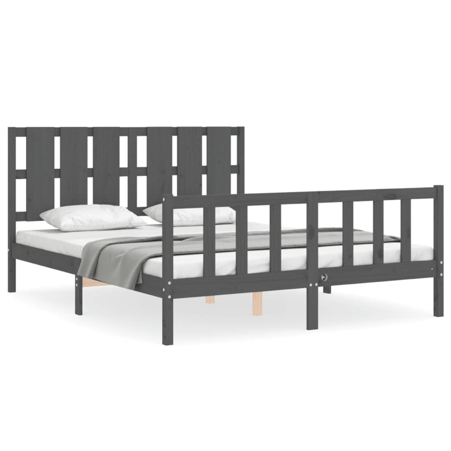 The Living Store Bedframe met hoofdbord massief hout grijs 5 FT King Size - Bedframe - Bedframes - Bed - Tweepersoonsbed - Slaapkamermeubel - Houten Bedframe - Houten Bed - Bedbode