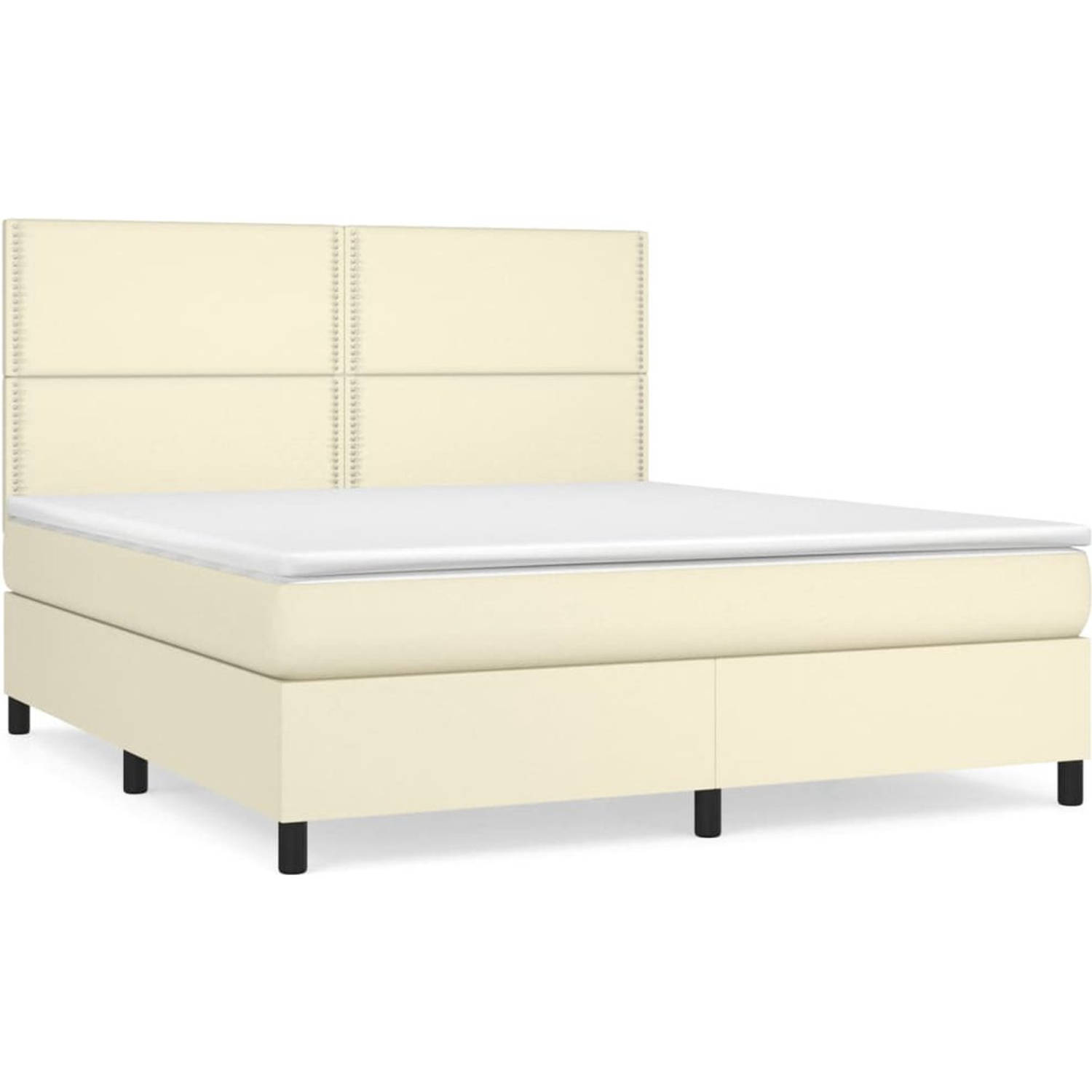 The Living Store Boxspringbed - Crème - Kunstleer - 203x160x118/128 cm - Met verstelbaar hoofdbord - Pocketvering matras - Middelharde ondersteuning - Huidvriendelijk topmatras