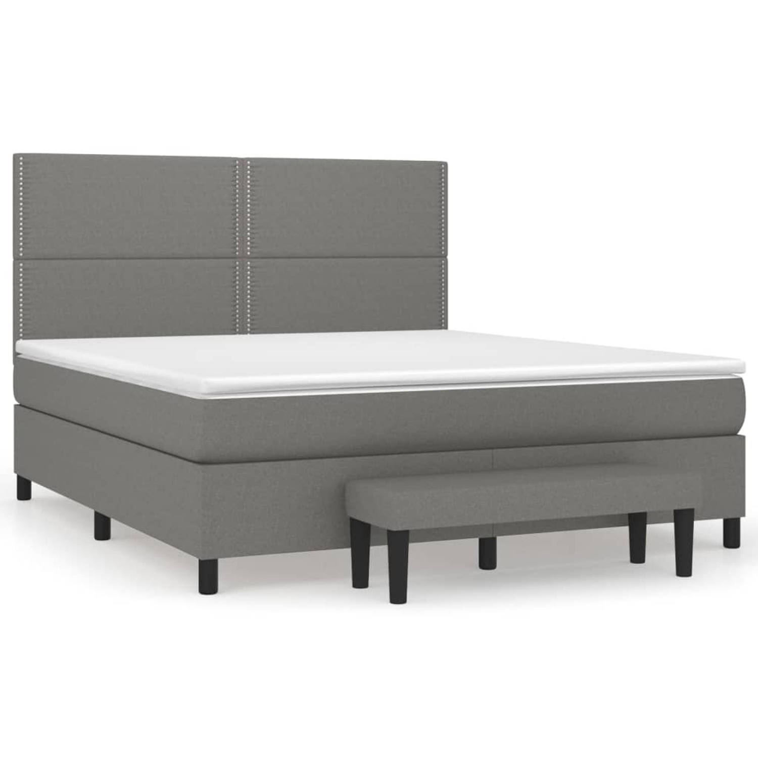 The Living Store Boxspringbed - Donkergrijs - 203 x 160 x 118/128 cm - Pocketvering Matras - Verstelbaar Hoofdbord - Huidvriendelijk Topmatras - Multifunctioneel Bankje