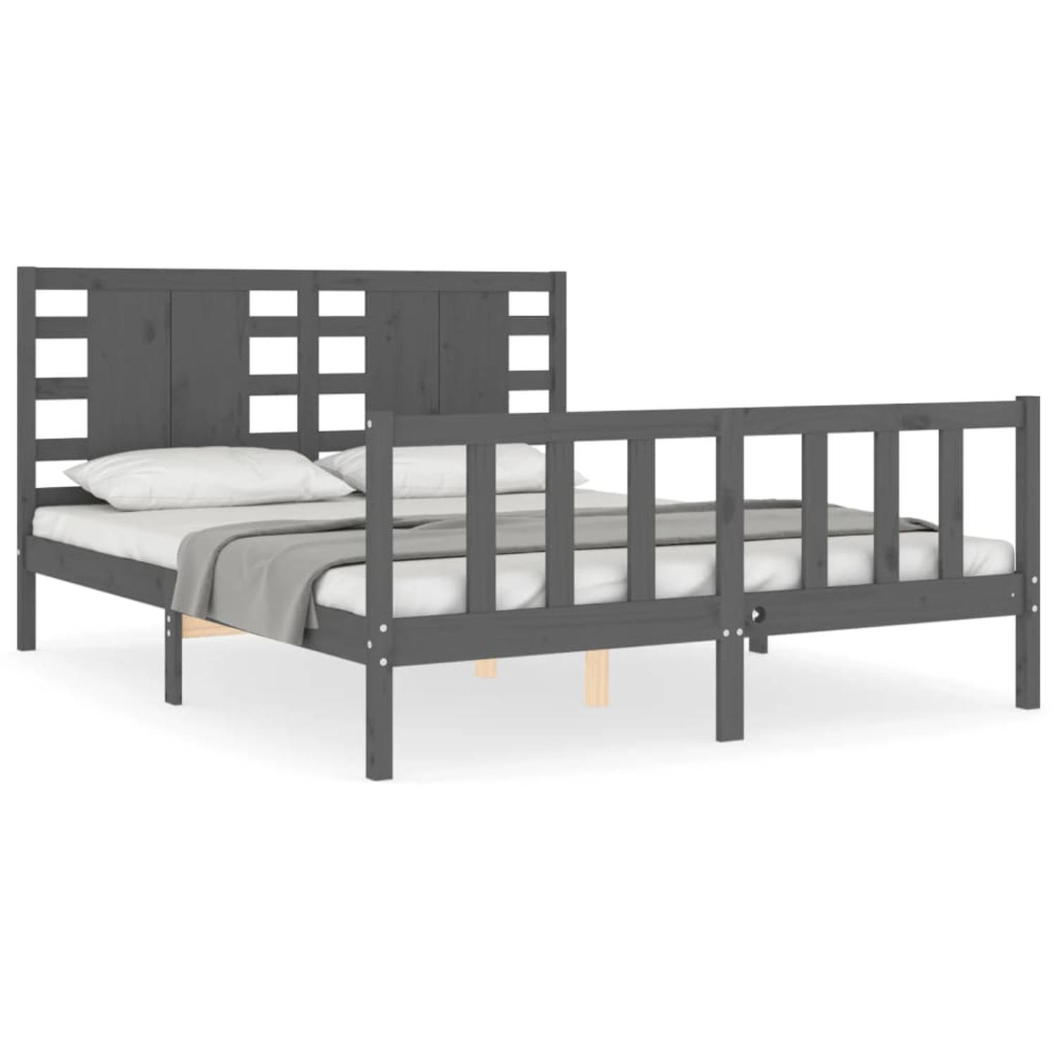 The Living Store Bedframe met hoofdbord massief hout grijs 5 FT King Size - Bedframe - Bedframes - Bed - Tweepersoonsbed - Slaapkamermeubel - Houten Bedframe - Houten Bed - Bedbode