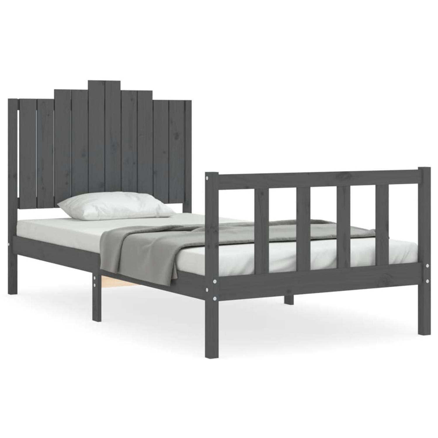 The Living Store Bedframe met hoofdbord massief hout grijs 100x200 cm - Bedframe - Bedframes - Bed - Eenpersoonsbed - Slaapkamermeubel - Houten Bedframe - Houten Bed - Bedbodem - M