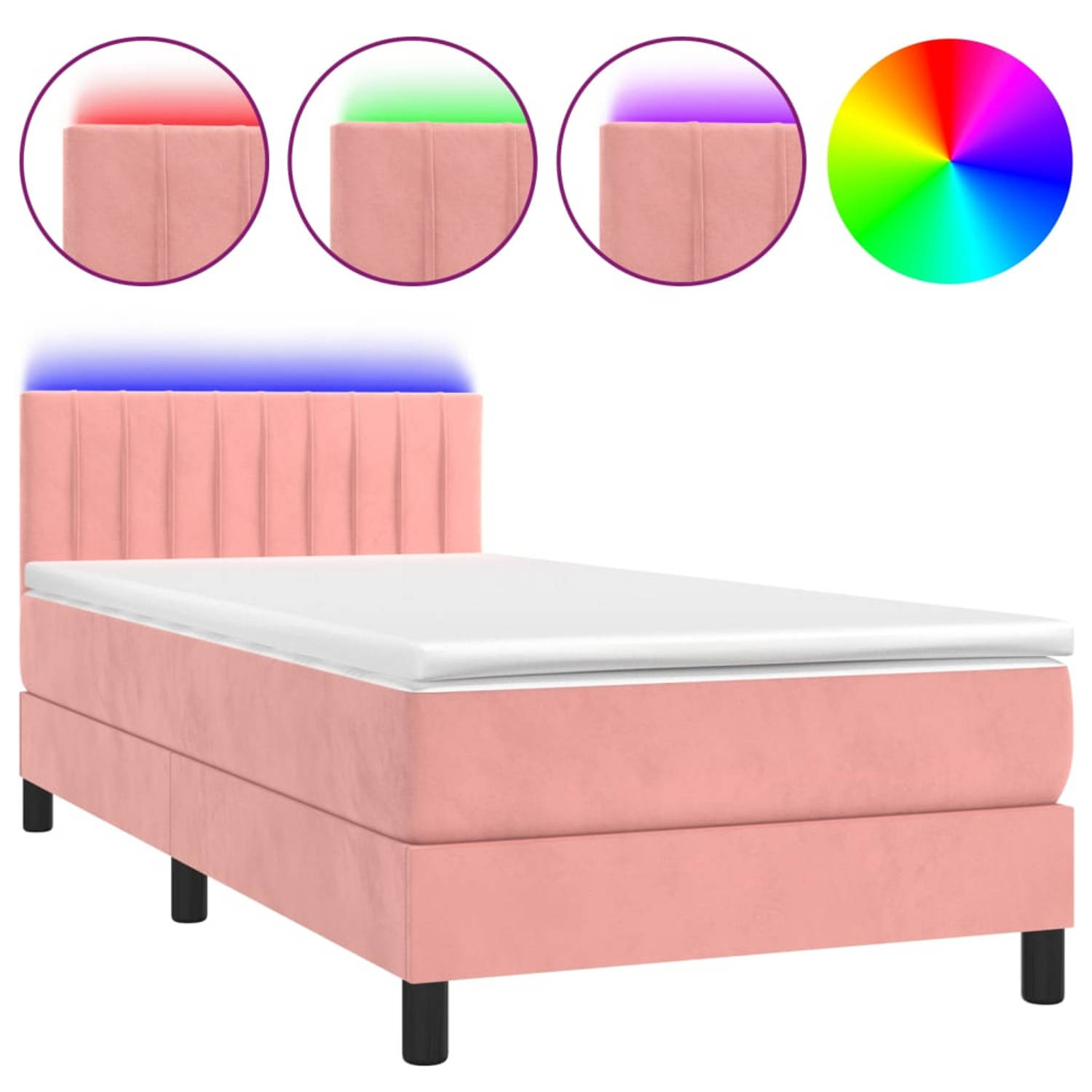 The Living Store Bed Fluweel - Bedframe 203x90x78/88cm - Pocketvering Matras 90x200x20cm - Wit/Roze Fluweel - LED Strip