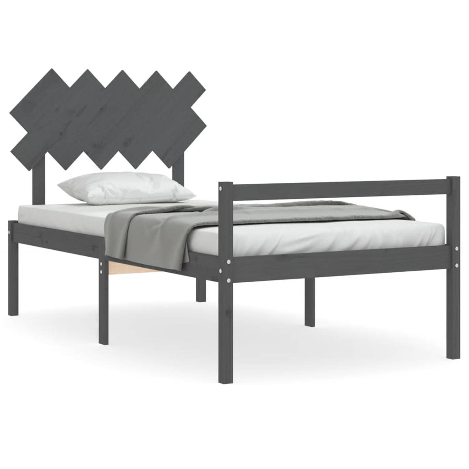 The Living Store Bedframe met hoofdbord massief hout grijs 100x200 cm - Bedframe - Bedframes - Bed - Eenpersoonsbed - Slaapkamermeubel - Houten Bedframe - Houten Bed - Bedbodem - M
