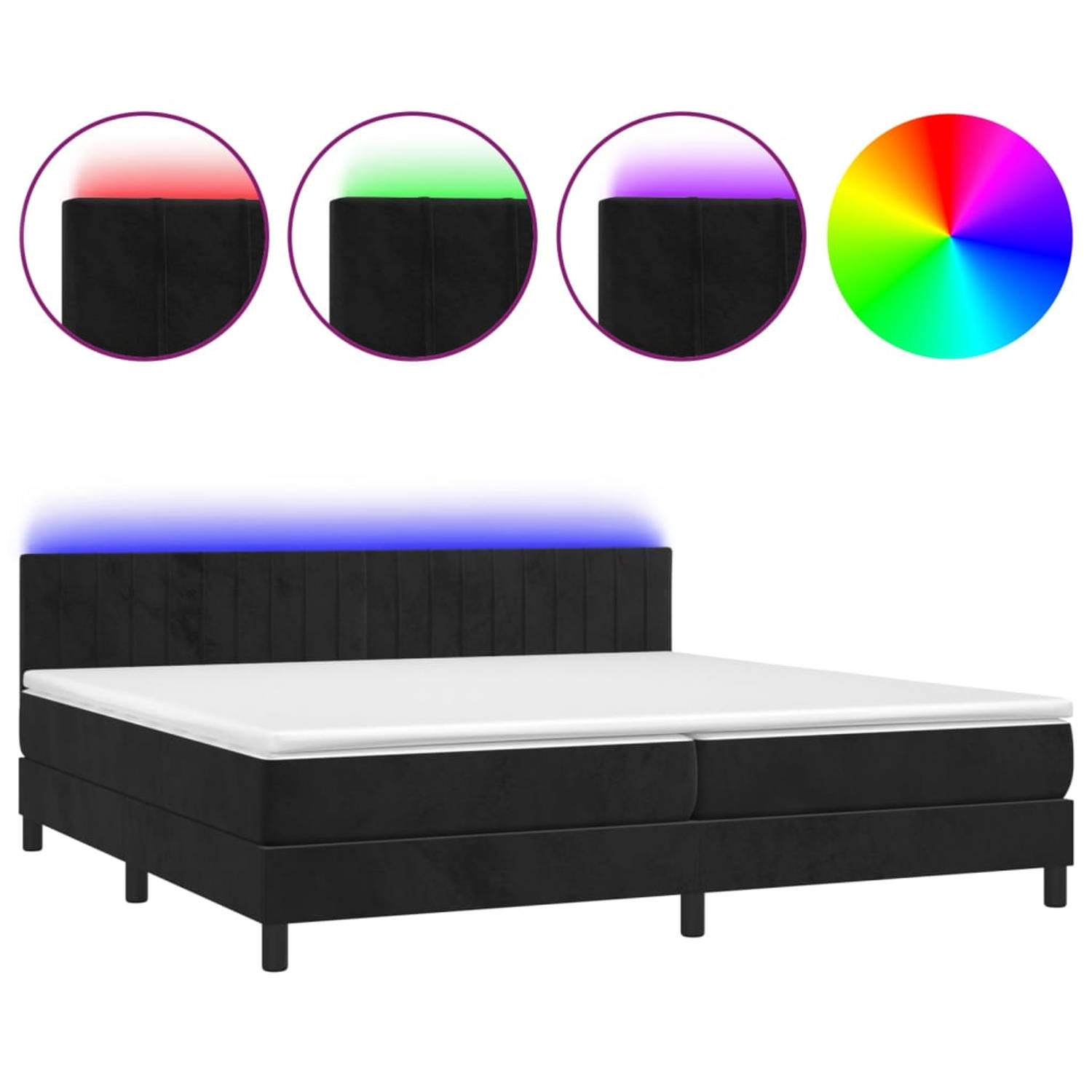 The Living Store Boxspring - Zwart fluwelen bed met verstelbaar hoofdbord en LED-verlichting - Pocketvering matras - Huidvriendelijk topmatras - 203x200x78/88cm