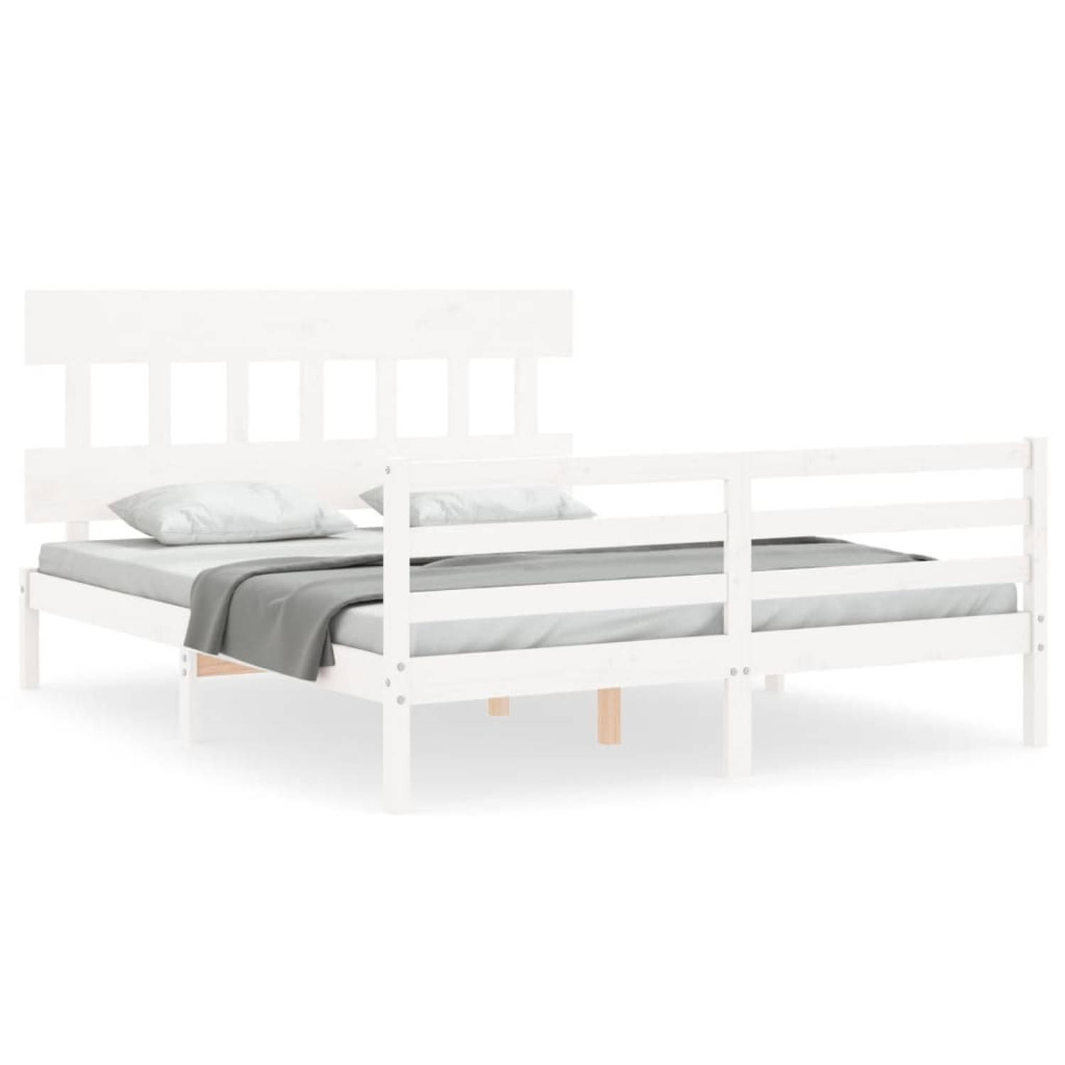 The Living Store Bedframe met hoofdbord massief hout wit 160x200 cm - Bedframe - Bedframes - Bed - Tweepersoonsbed - Slaapkamermeubel - Houten Bedframe - Houten Bed - Bedbodem - Ma