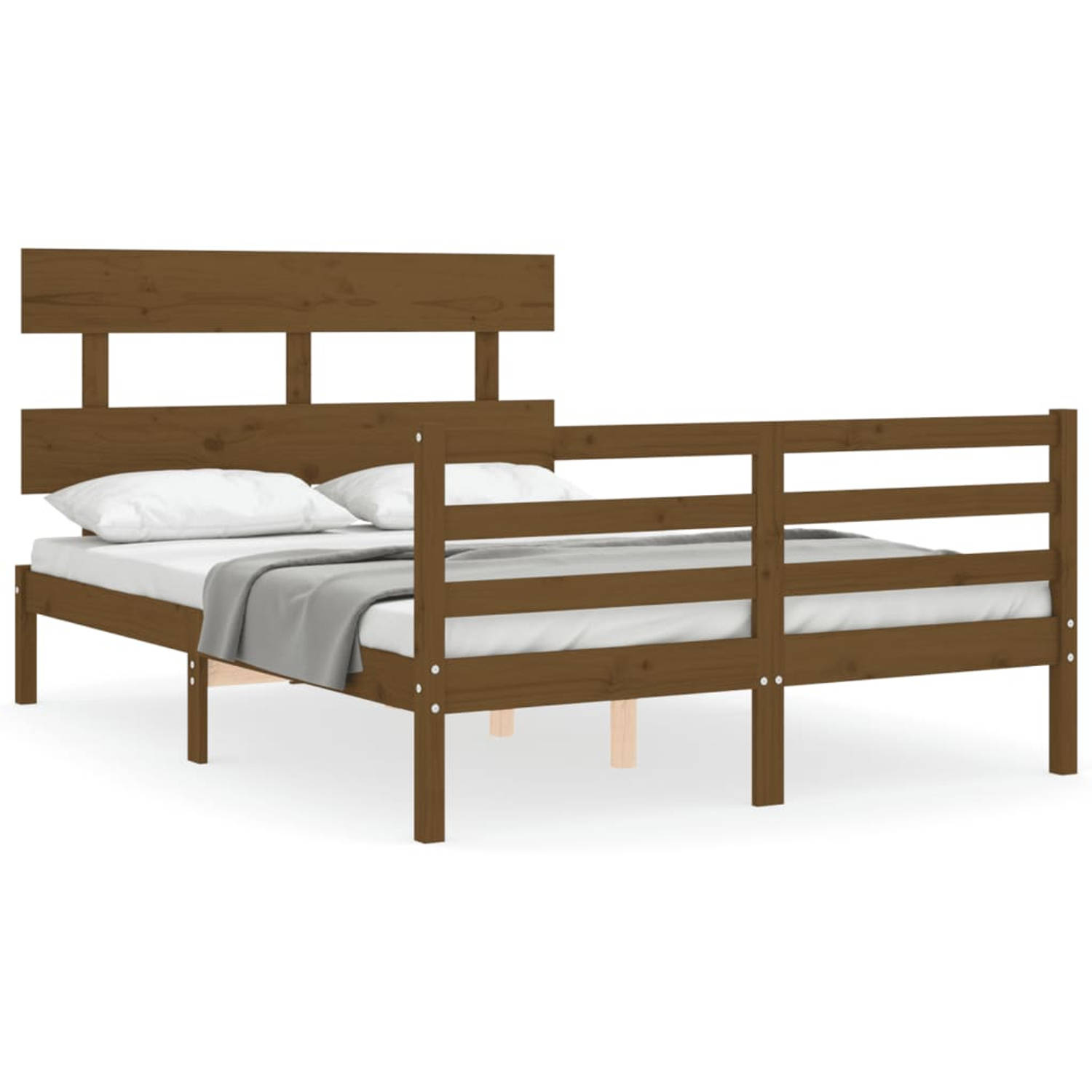 The Living Store Bedframe met hoofdbord massief hout honingbruin 140x200 cm - Bedframe - Bedframes - Bed - Tweepersoonsbed - Slaapkamermeubel - Houten Bedframe - Houten Bed - Bedbo