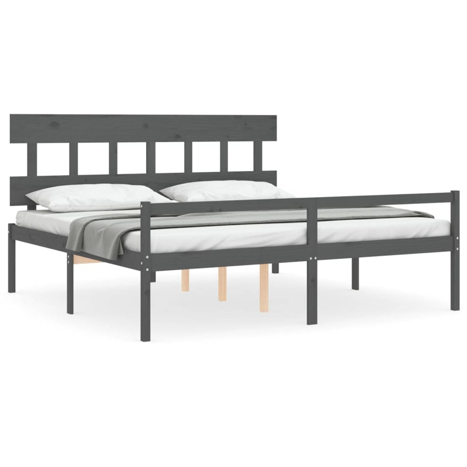 The Living Store Bedframe met hoofdbord massief hout grijs 6FT Super King - Bedframe - Bedframes - Bed - Tweepersoonsbed - Slaapkamermeubel - Houten Bedframe - Houten Bed - Bedbode