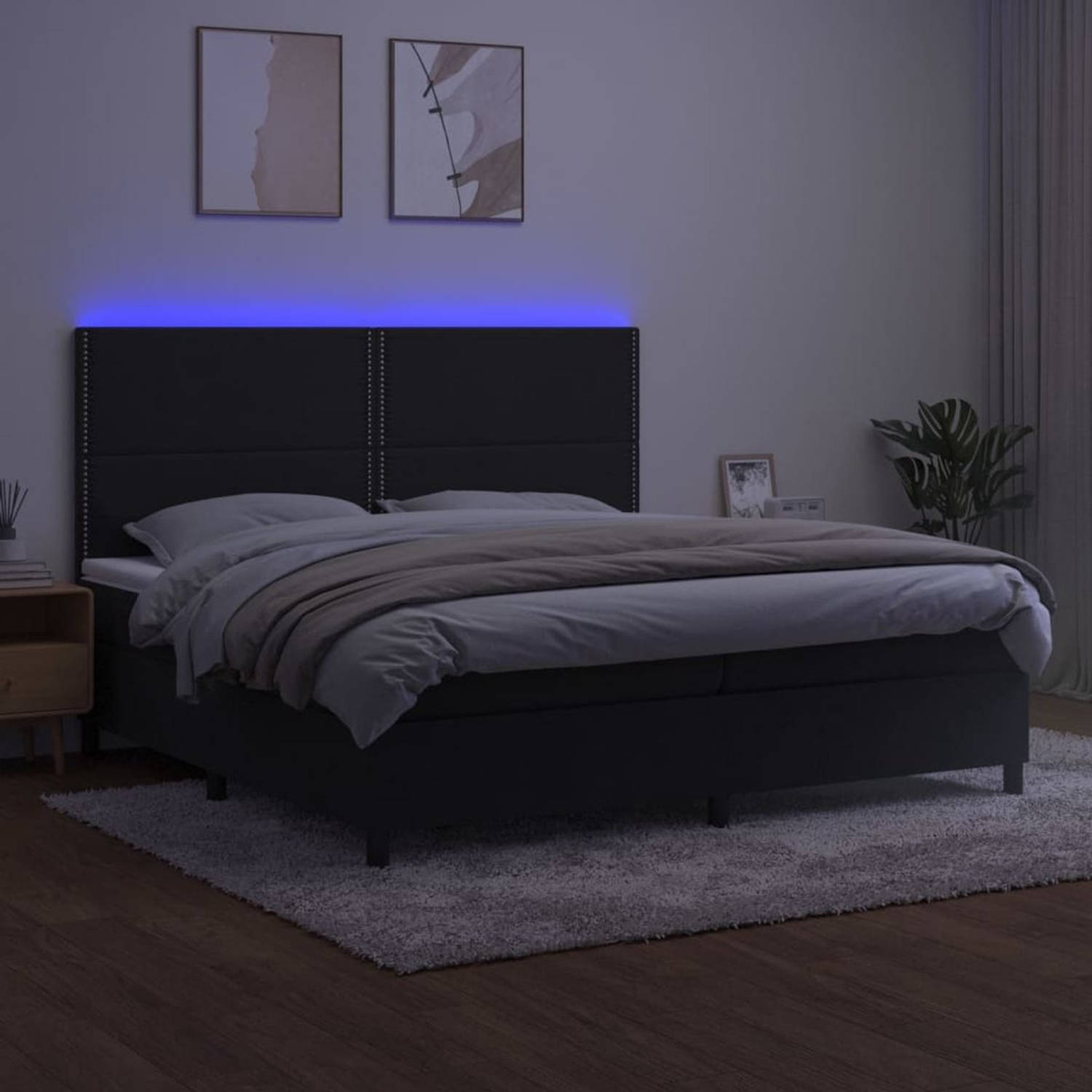 The Living Store Boxspring Bed - Zwart Fluweel - 203 x 200 x 118/128 cm - Verstelbaar hoofdbord - LED-verlichting - Pocketvering matras - Huidvriendelijk topmatras - Montagehandlei