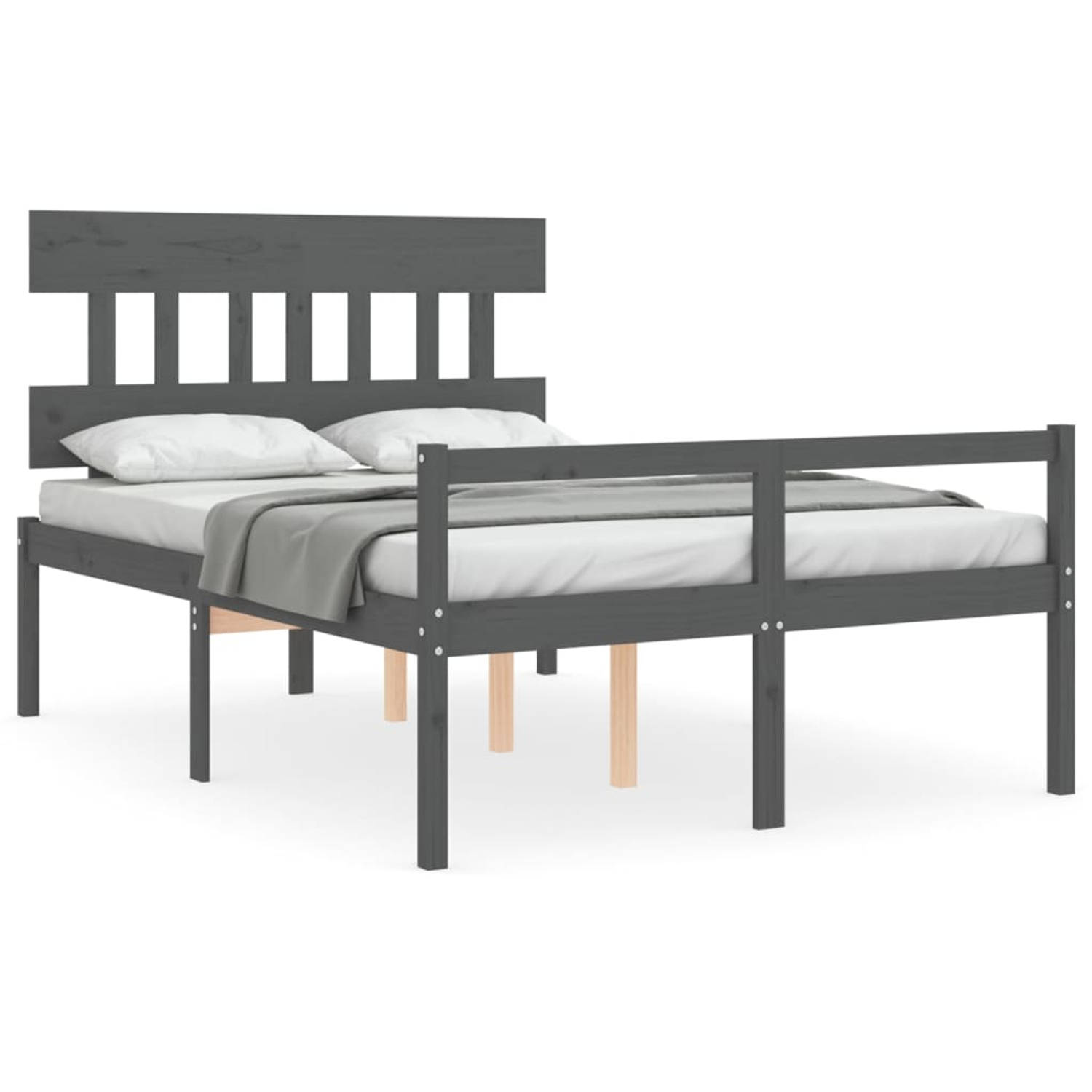 The Living Store Bedframe met hoofdbord massief hout grijs 140x200 cm - Bedframe - Bedframes - Bed - Tweepersoonsbed - Slaapkamermeubel - Houten Bedframe - Houten Bed - Bedbodem -