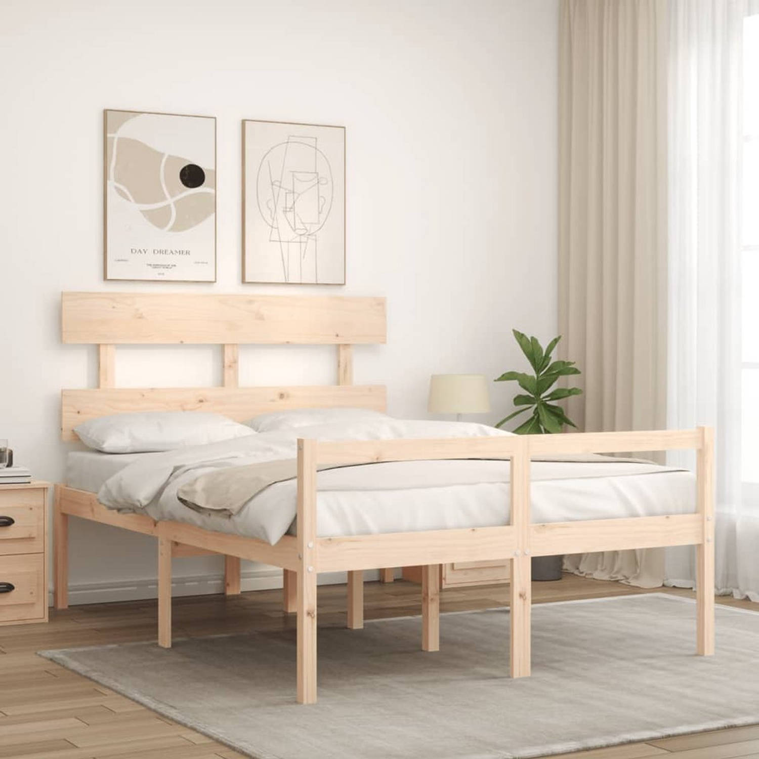 The Living Store Bedframe Massief Grenenhout - Bed - Afmeting- 195.5 x 125.5 x 81 cm - Ken- Multiplex lattenbodem - The Living Store