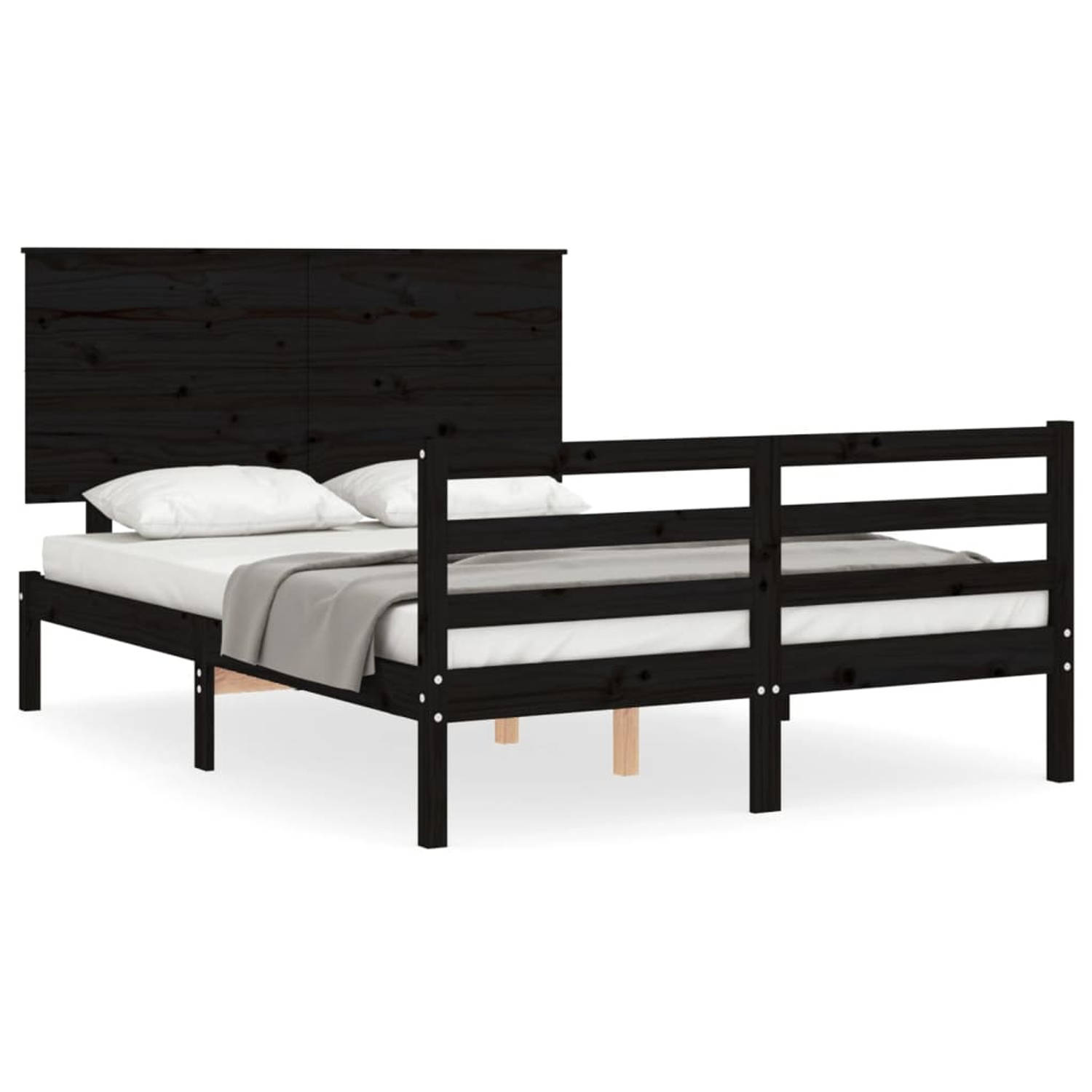 The Living Store Bedframe met hoofdbord massief hout zwart 140x200 cm - Bedframe - Bedframes - Bed - Tweepersoonsbed - Slaapkamermeubel - Houten Bedframe - Houten Bed - Bedbodem -