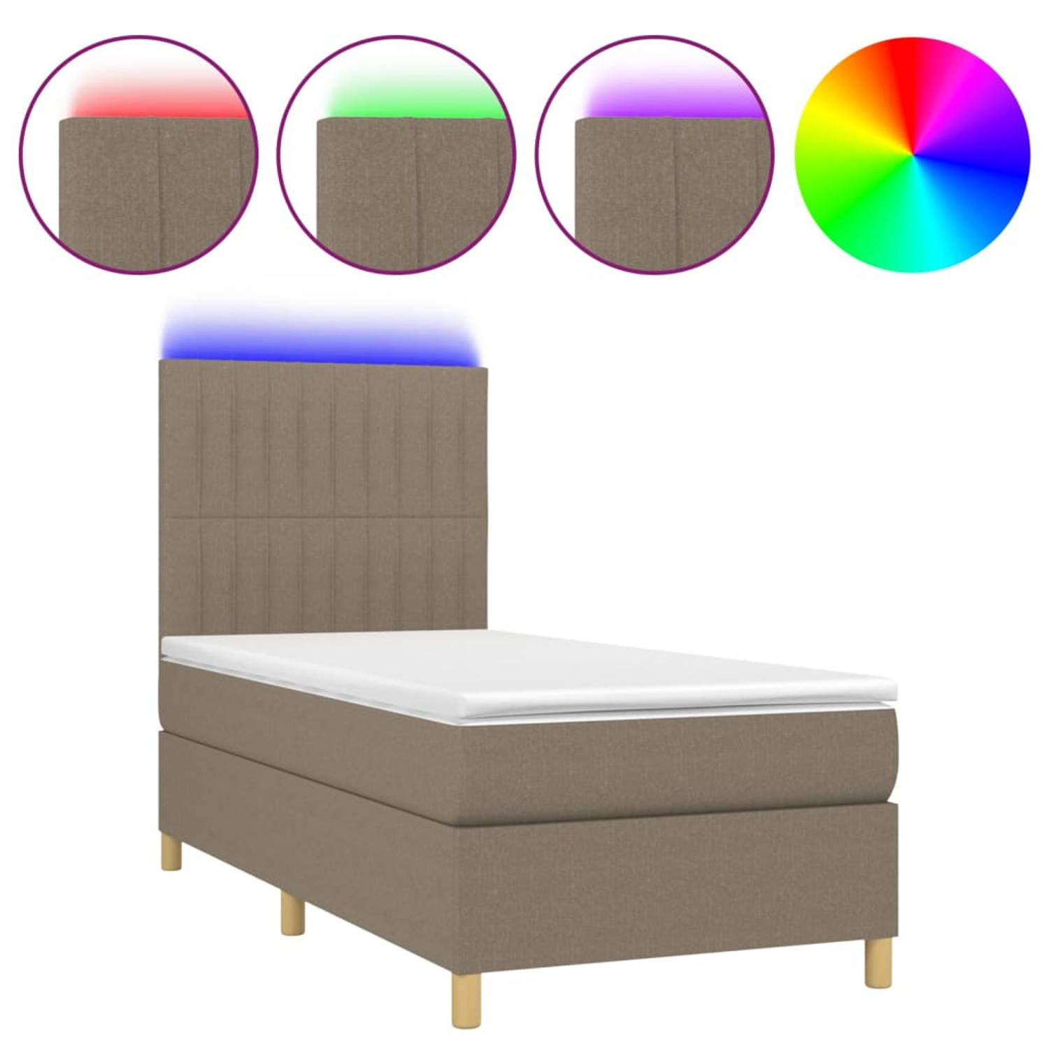 The Living Store Boxspring Bed - Taupe - 203 x 100 x 118/128 cm - Verstelbaar hoofdbord - Kleurrijke LED-verlichting - Pocketvering matras - Huidvriendelijk topmatras - Inclusief m