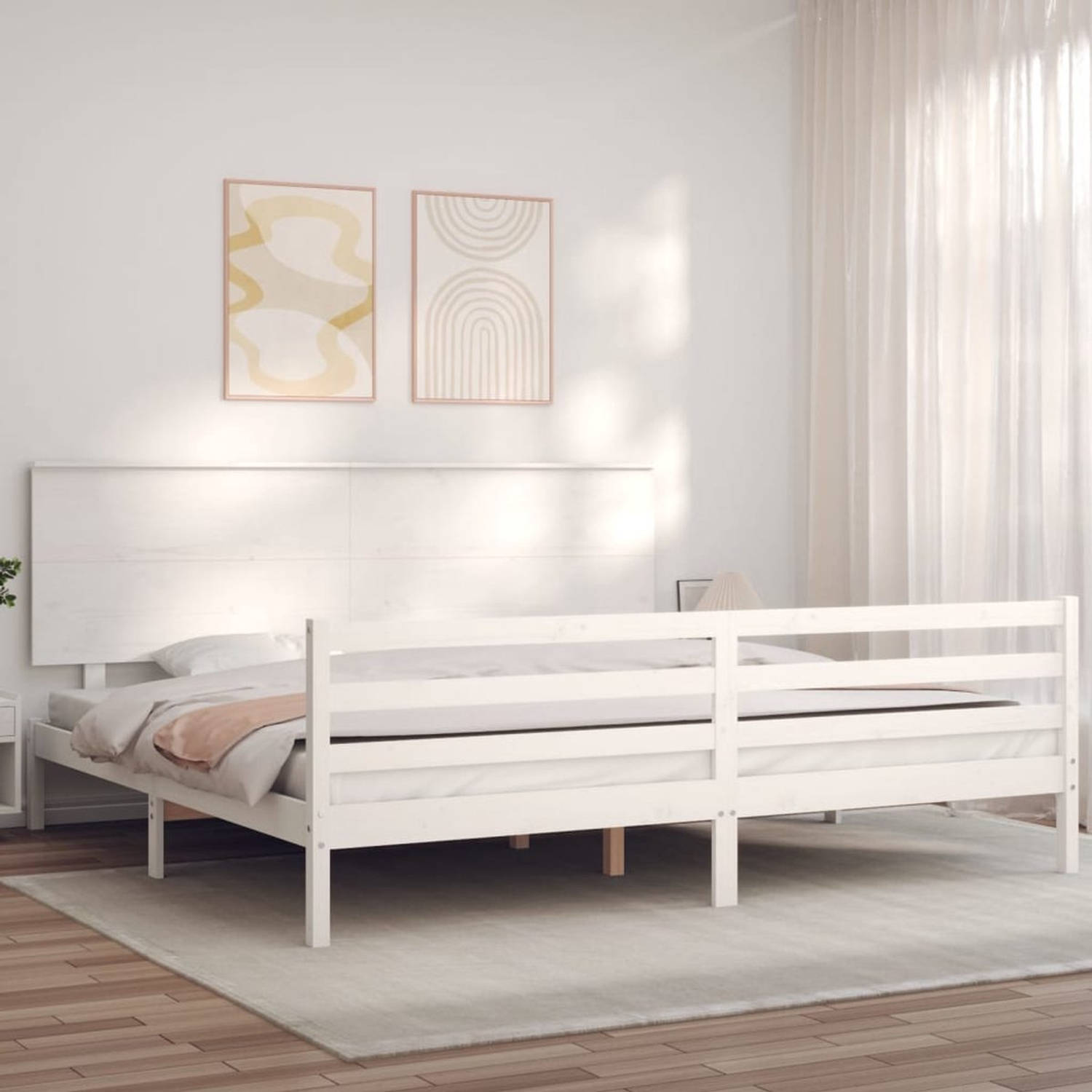 The Living Store Bedframe met hoofdbord massief hout wit 6FT Super King - Bedframe - Bedframes - Bed - Tweepersoonsbed - Slaapkamermeubel - Houten Bedframe - Houten Bed - Bedbodem