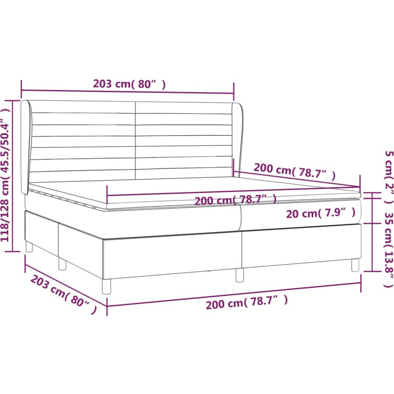 The Living Store Boxspringbed - Pocketvering - Donkergrijs - 203x203x118/128cm - Inclusief 2 matrassen en topmatras