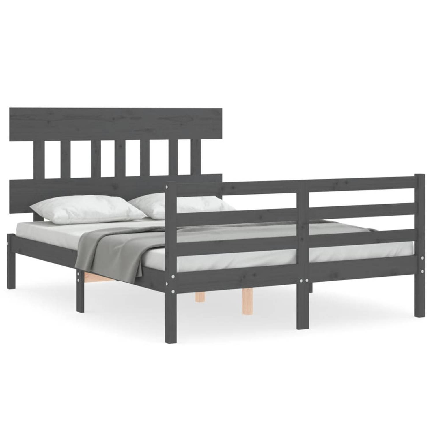 The Living Store Bedframe met hoofdbord massief hout grijs 140x190 cm - Bedframe - Bedframes - Bed - Tweepersoonsbed - Slaapkamermeubel - Houten Bedframe - Houten Bed - Bedbodem -